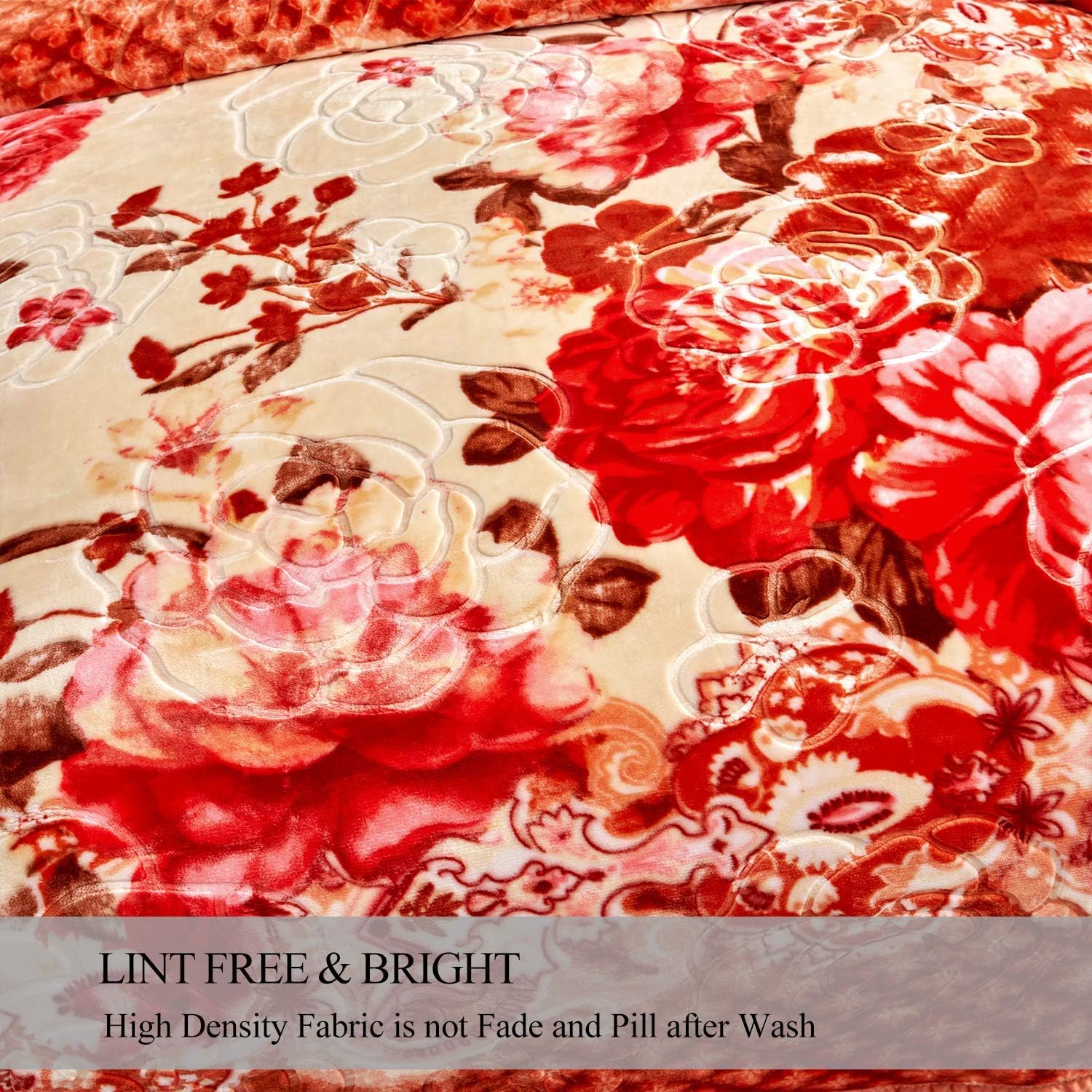 JML Plush Raschel Blanket, Korean Mink Blankets - Silky Soft, 2 Ply Printed Fleece Blanket (Orange Floral, Queen)