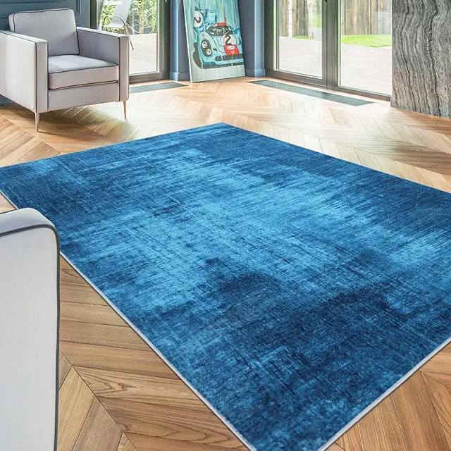 Tapis bleu moderne antidérapant à poils courts 120x160 cm pour salon et chambre