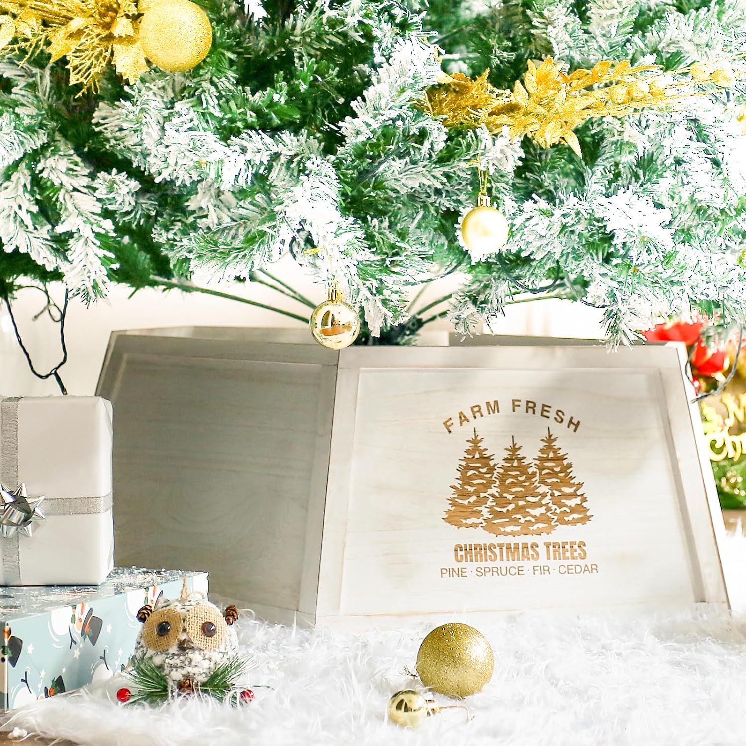 joyhalo christmas tree collar for artificial trees, 30.7" tree skirt collar for pencil tree, farmhouse wooden xmas tree collars box, rustic christmas tree ring, christmas tree base cover, white