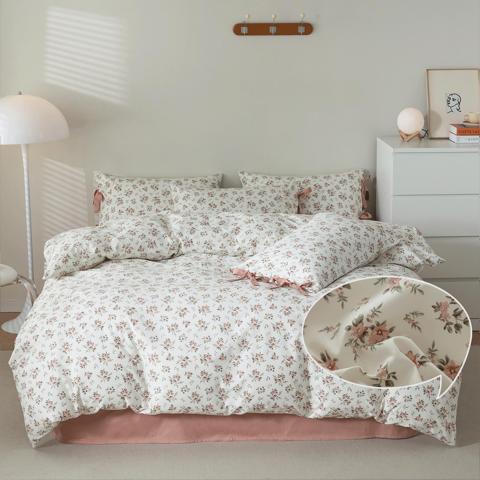 Pink White Duvet Cover Set Full 3 Pieces Blush Pink Flower Duvet Cover with 2 Bow Ties Pillowcases,Cottagecore Bedding Set 100% Cotton Vintage Country
