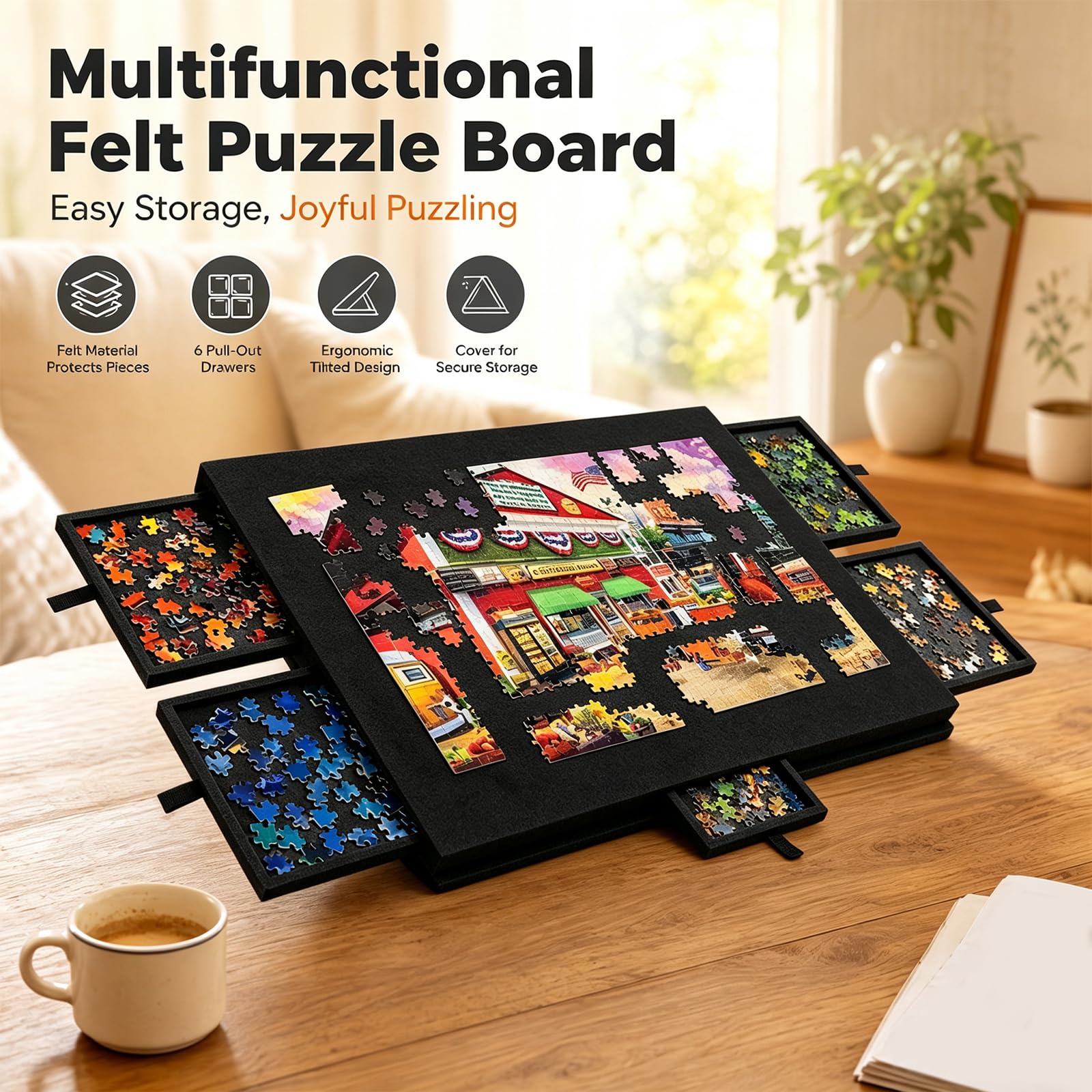 Puzzle 2 en 1 para 1000 piezas, mesa de rompecabezas plegable de fieltro con 6 cajones, carpeta portátil para guardar puzles (negro puro)