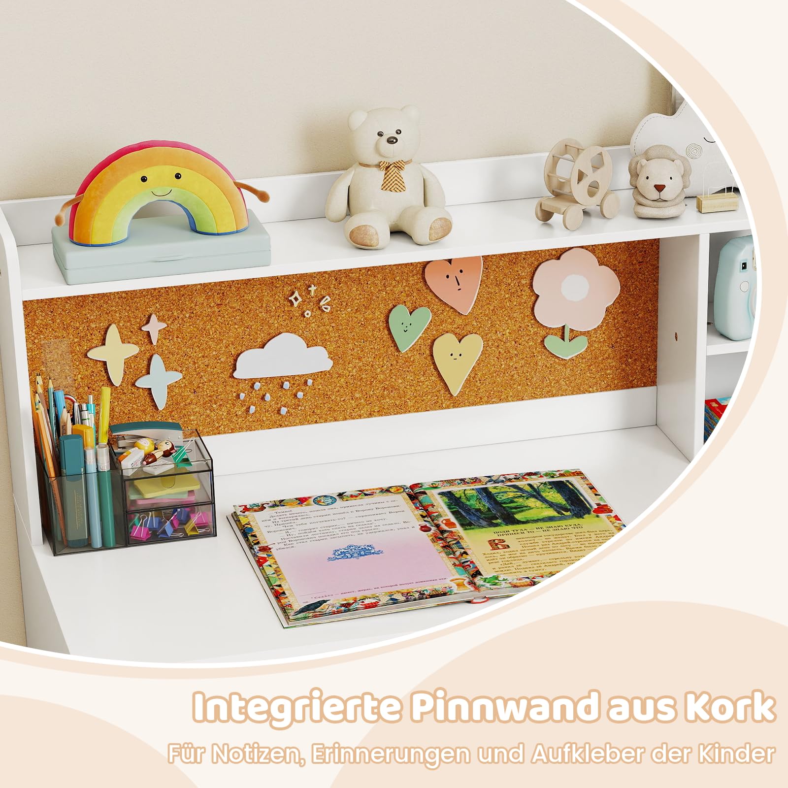 DREAMADE Schreibtisch Kinder mit Stuhl, Schülerschreibtisch aus Holz mit Schublade & offener Ablagefächer & Regal & Pinnwand, Jugendschreibtisch Schreibtischsets für Kinder ab 3 Jahren (Weiß)