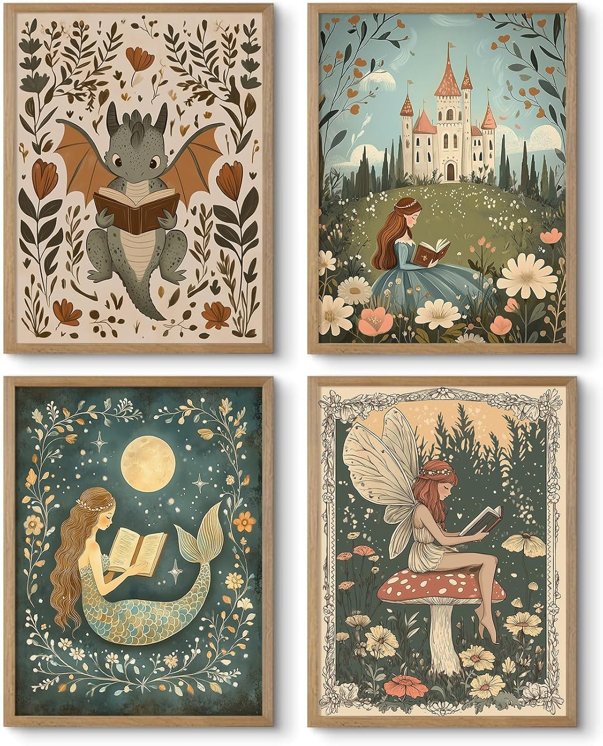 Vintage Nursery Dragon Wall Art Baby Boy Room Canvas Wall Decor Whimsical Dinosaur Flower Poster Nursery Cute Dragon Pictures Fantasy Prints Painting for Girls Bedroom Kids Room 8x10 Inch Framed 4Pcs