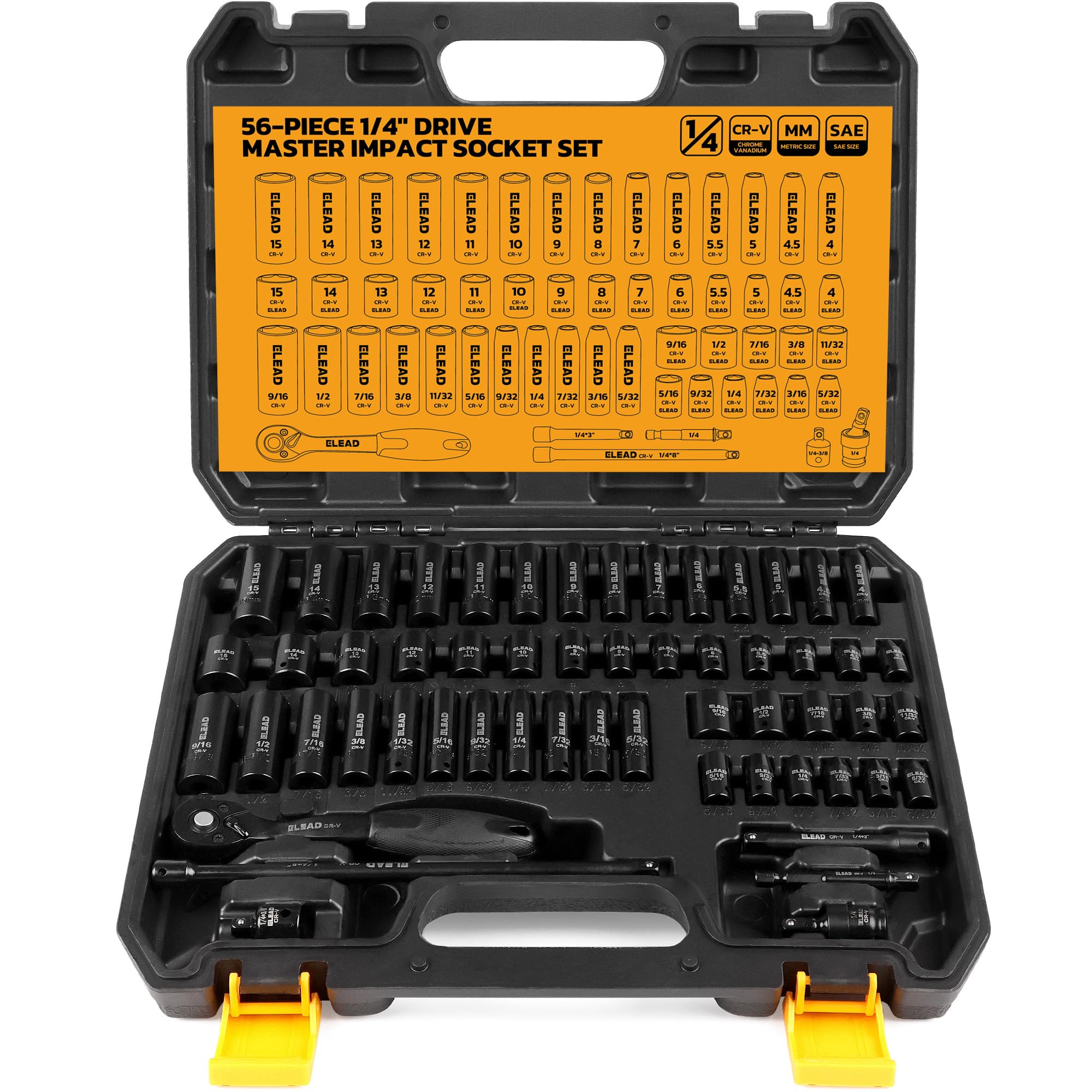 ELEAD 1/4" Drive Impact Socket Set, 56-Piece Standard SAE (5/32 to 9/16 inch) and Metric (4-15mm) Size, Deep & Shallow, 6 Point, Cr-V, 72-Tooth