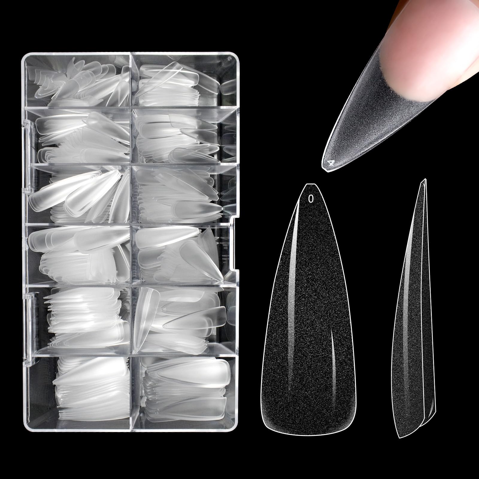 LEA-SHALL 504 Uñas Postizas Gel Almendra Largas Transparentes, Tips Uñas Manicura Francesa Stiletto de Soft Gel UV Kit Falsas Puntas Set para Acrilicas Semipermanentes Diseño 12 Tamaños