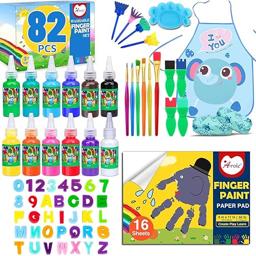 82 Pack Washable Finger Paint set, Washable Kids Paint Set with 12 Color Finger Paints 1 oz Each, Sponges, Painting Brushes, Waterproof Painting Apron, Palette Paper for Toddler, Drawing Gifts Age 3+