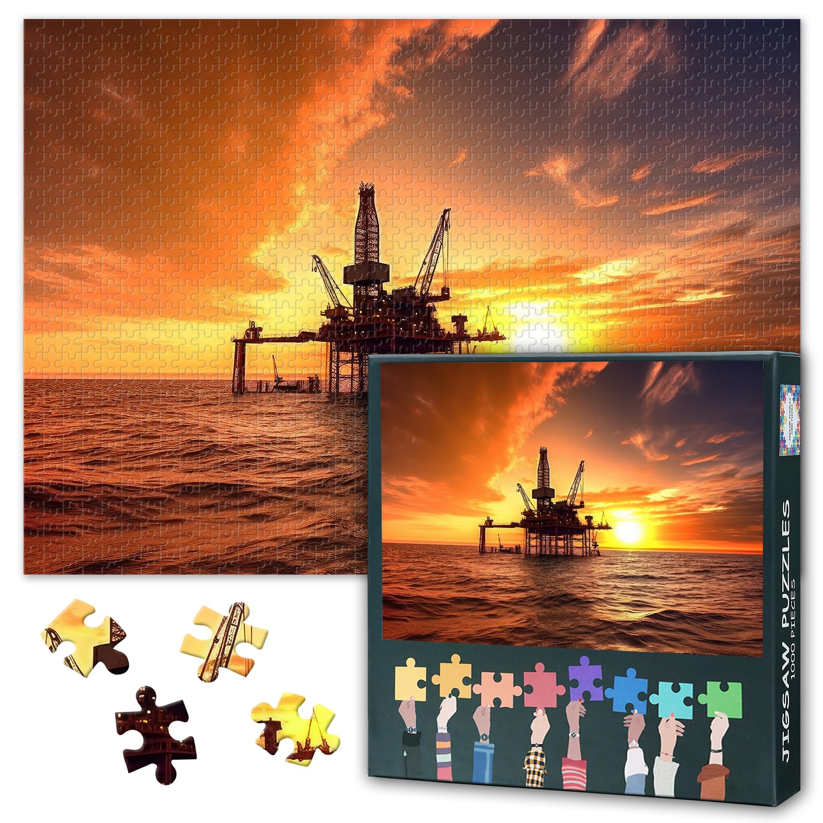 Jigsaw Puzzle 1000 Pieces for Adults Offshore Oil Rig Drilling Platform at Sunset Tropical Paradise Seascape Industrial Energy Wall Art 27.5x19.7 Inch