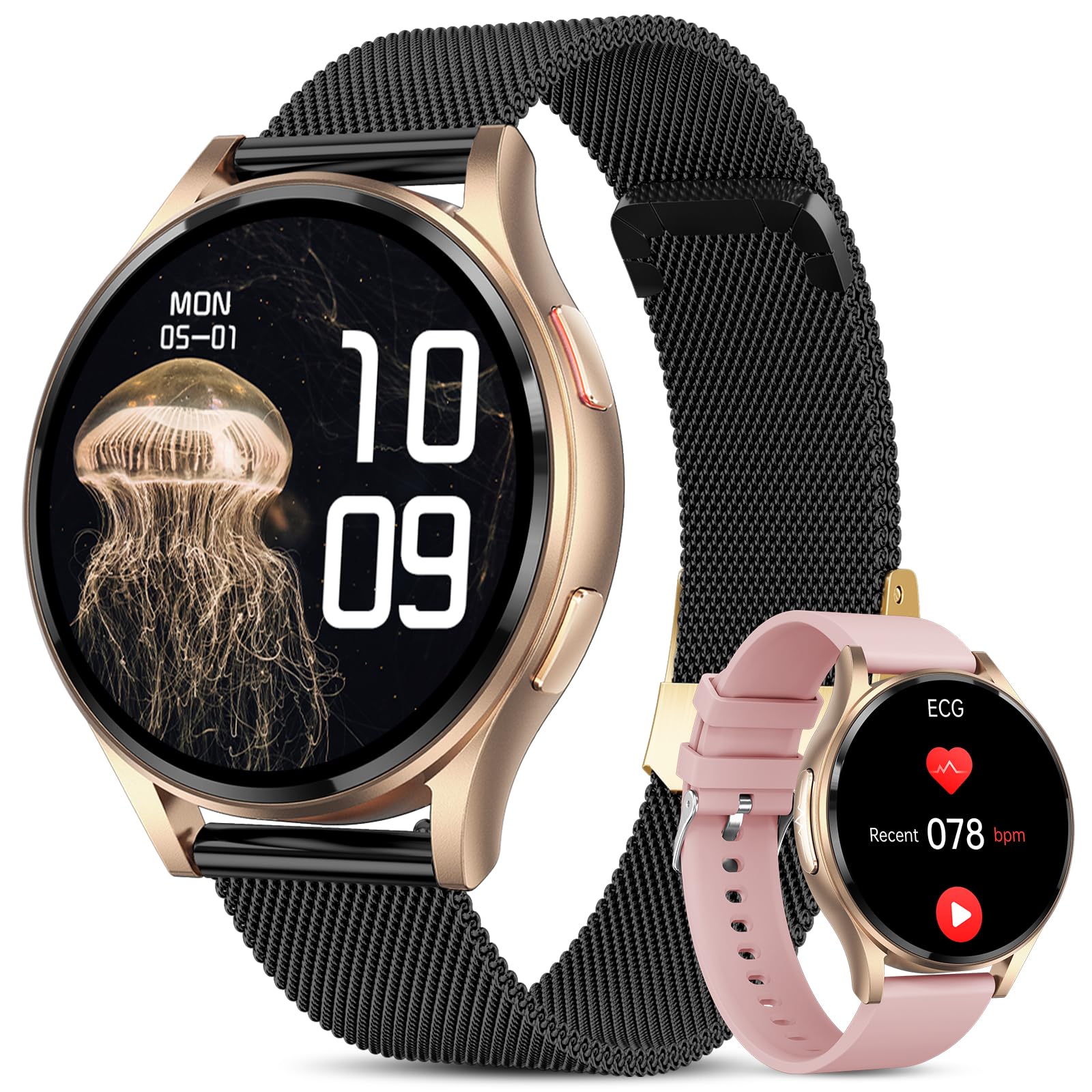 2026 ECG+HRV Reloj Inteligente Mujer con Presión Arterial/BMI/Acido Urico/Microchequeo, 1.43'' AMOLED Smartwatch con Función Femenina, 24H Pulsometro, SpO2, Monitor de Sueño para iOS Android