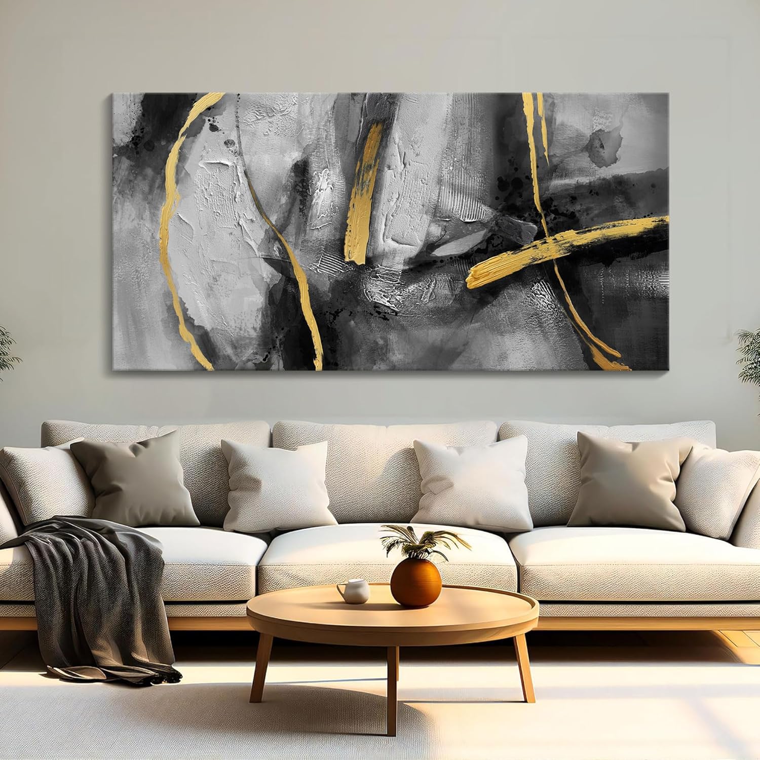 Large Black Gray Canvas Wall Art, Hand-Painted Abstract Living Room Wall Decor Dream Golden Shadow Paintings Artwork Prefer Home Bedroom Office Kitchen Dining Room Decor 29x58 In 58"L x 29"W Black Gold Abstract Wall Art