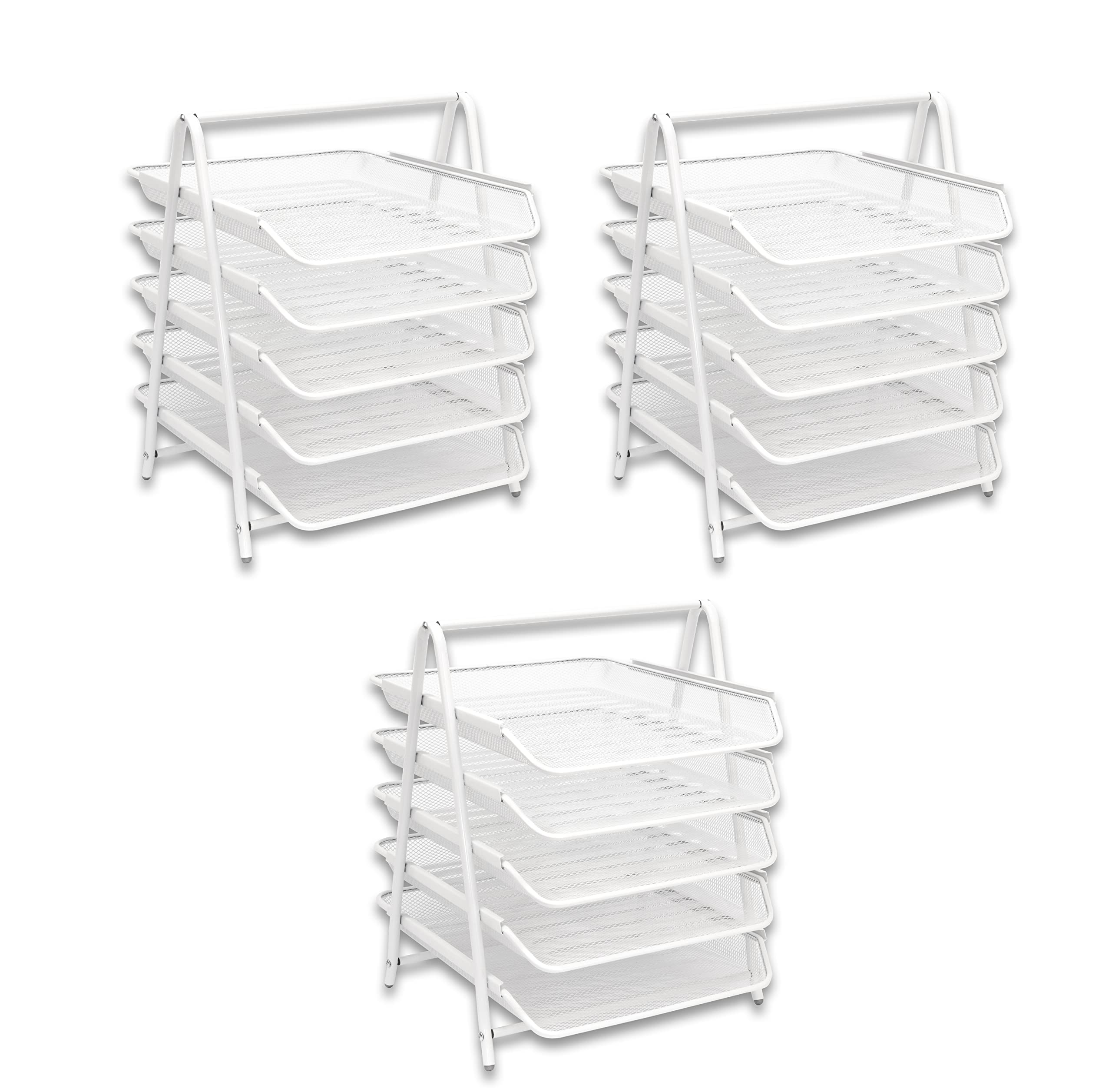 OSCO White Wire Mesh 5 Tier Letter Tray | 3 Pack | A4 | Desk File Organiser | Paper Storage | Office Document Sorter | Paperwork Filing | Easy Assembly | H37.3 x W29.5 x D34.0 cm |
