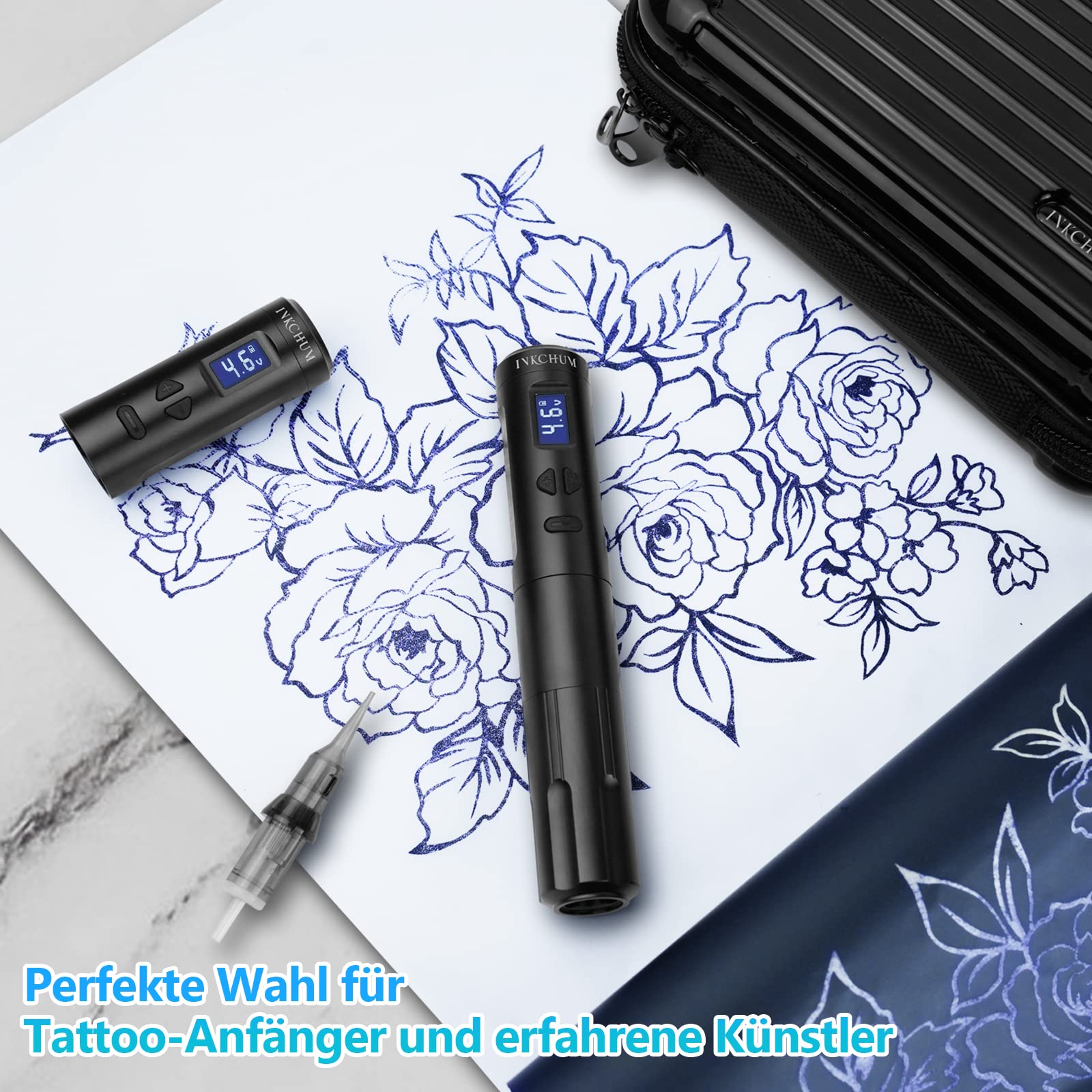 Tattoo Pen Máquina de Tatuaje Inalámbrica con Pantalla OLED Máquina de Tatuaje Rotativa Inalámbrica 10W Motor sin Núcleo 2 Baterías para Miroblading Sombreado Delineador de Ojos Labios (Negro)