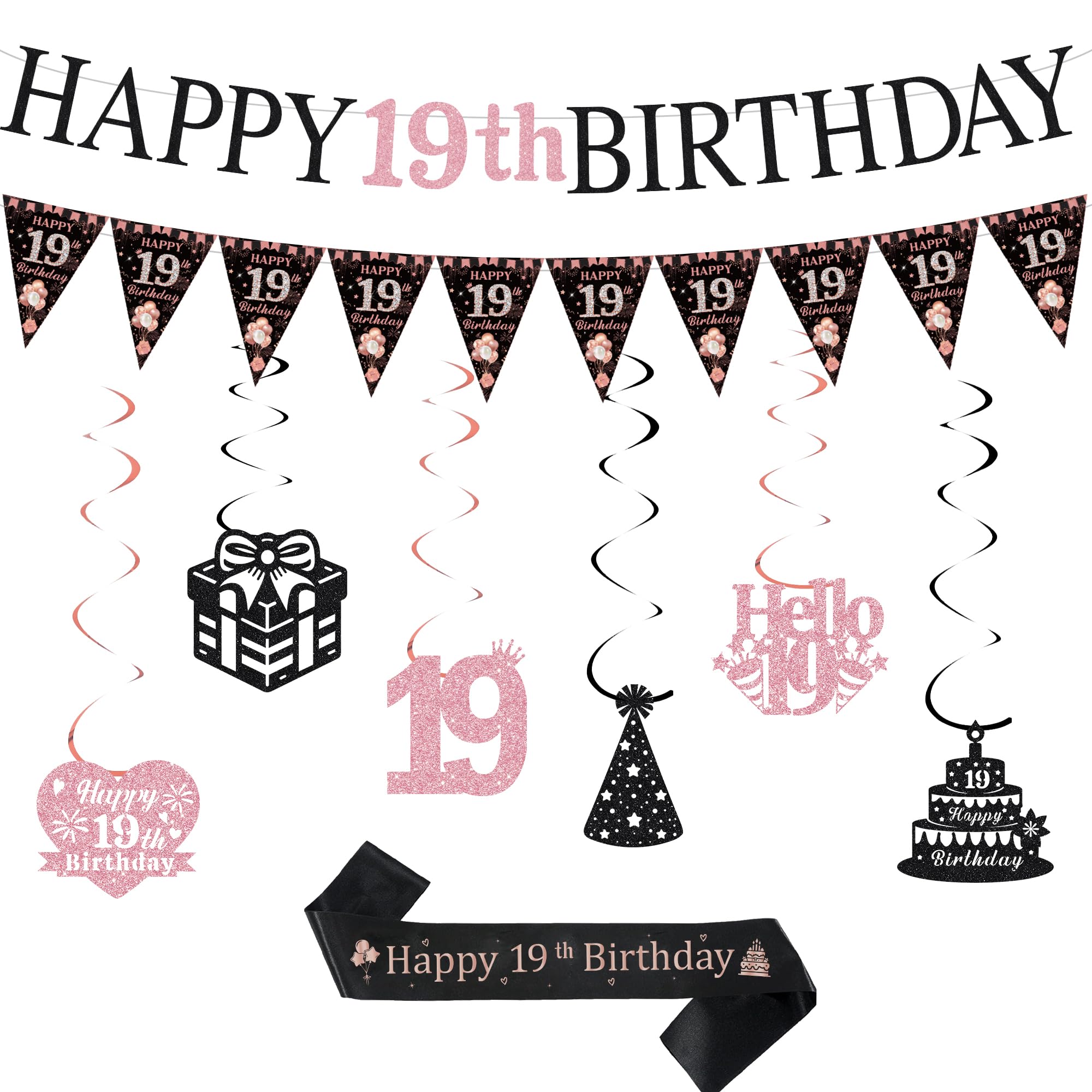 Sroeeshee 19th Birthday Party Decorations - Black Rose Gold Happy 19th Birthday Banner Pennats Hanging Bunting Sash Kit, Ideal 19 Years Old Bday Girls Supplies with Ribbon