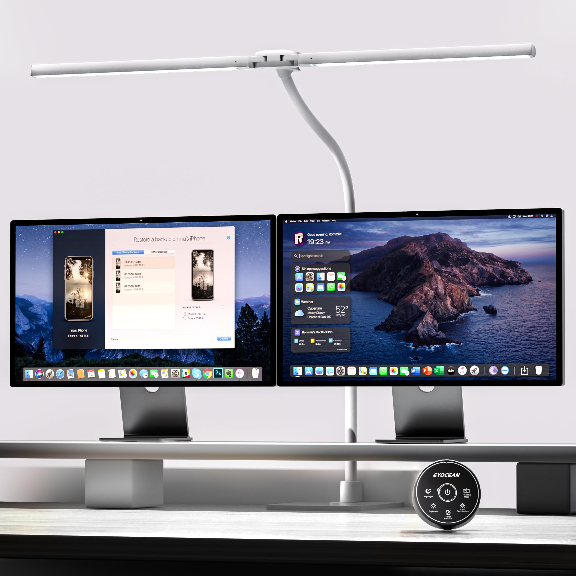 EYOCEAN Schreibtischlampe, Doppelkopf Schreibtischlampe Klemmbar, 24W 80cm Tageslichtlampe Schreibtisch mit Fernbedienung, Dimmbare Monitor Lampe, Schwanenhals Büro Tischlampe, Augenschutz, Mattweiß