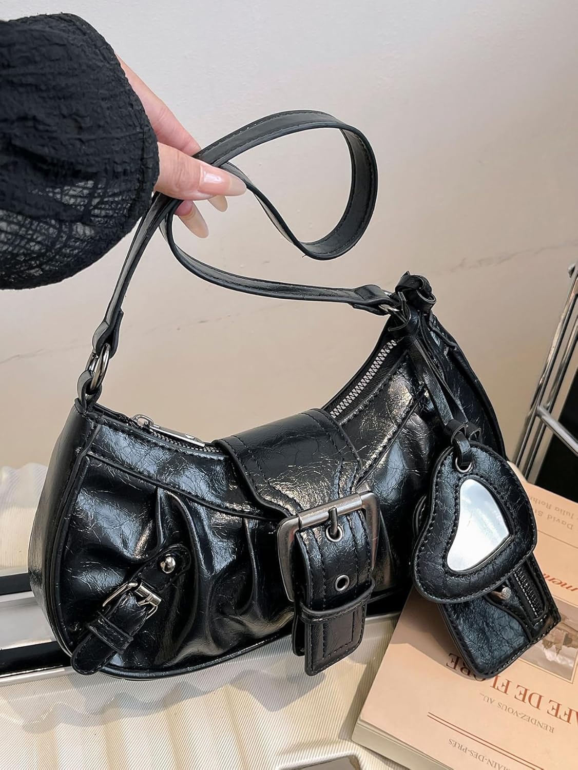 Women's Glossy Y2K Retro Hobo Bags Set PU Leather Underarm Purses Clutch Shoulder Handbags With Coin Wallets