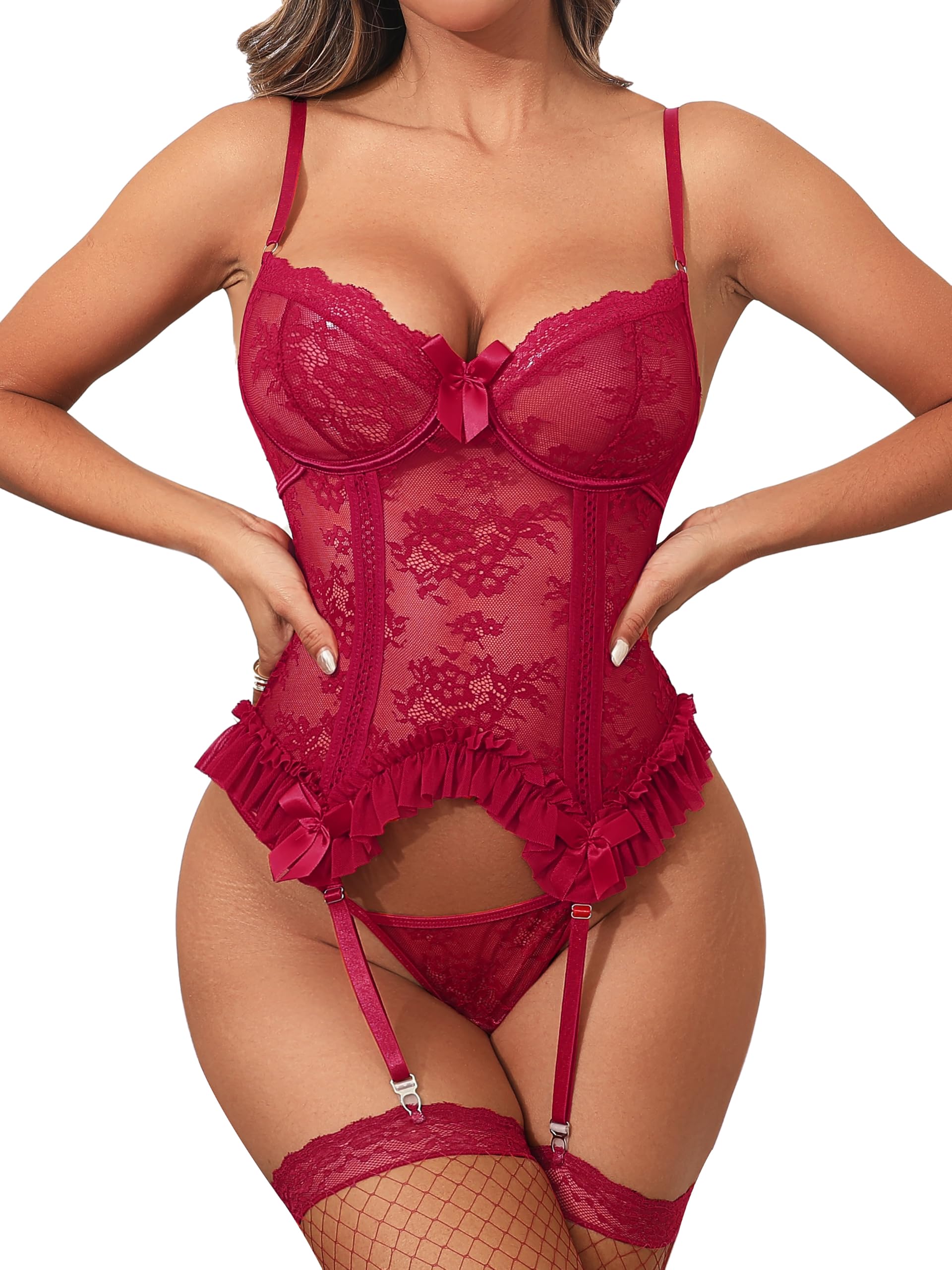 Donnalla Sexy Lingerie for Women Lace Garter Set with Teddy Stockings