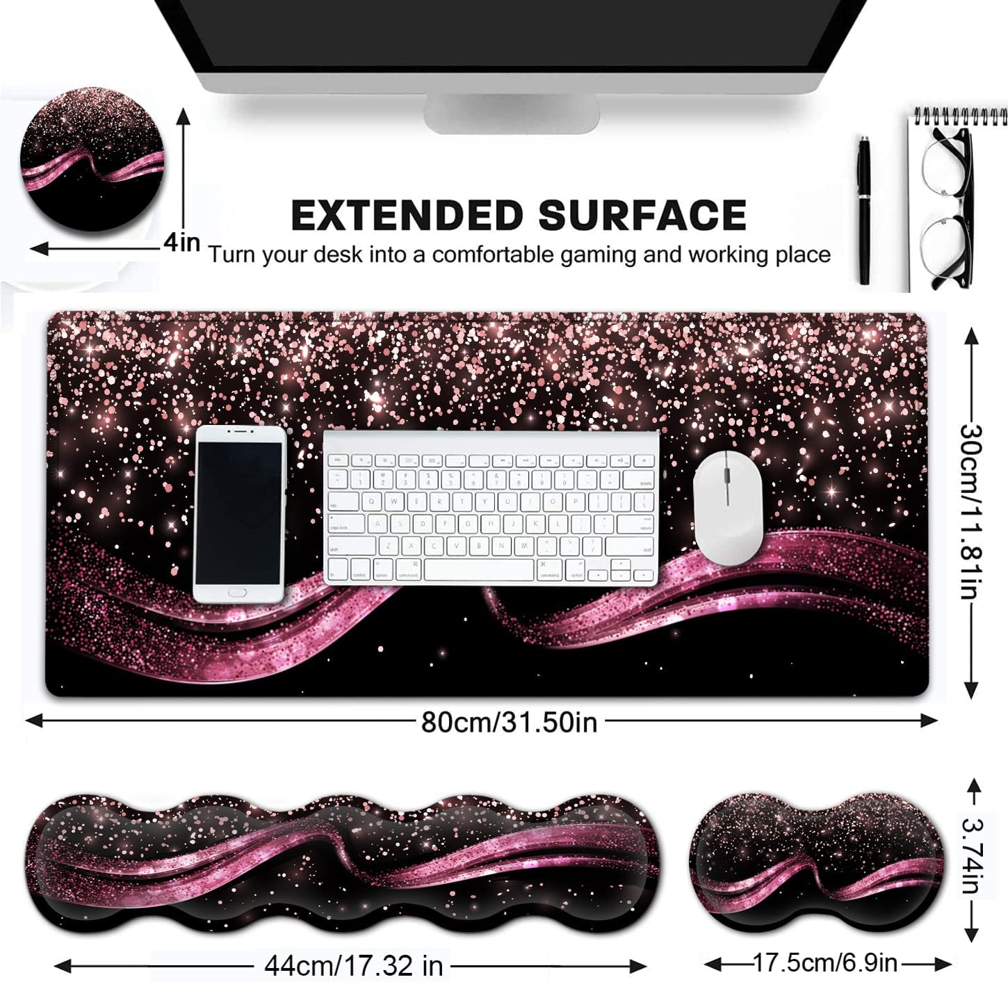 Extended Gaming Mouse Pad 31.5x11.8 Big Desk Mat, Ergonomic Memory Foam Keyboard Wrist Rest Support, for Home Laptop Working Office Desk Pad with Non-Slip Base,Rose Gold Sparkle Large Mouse Pad