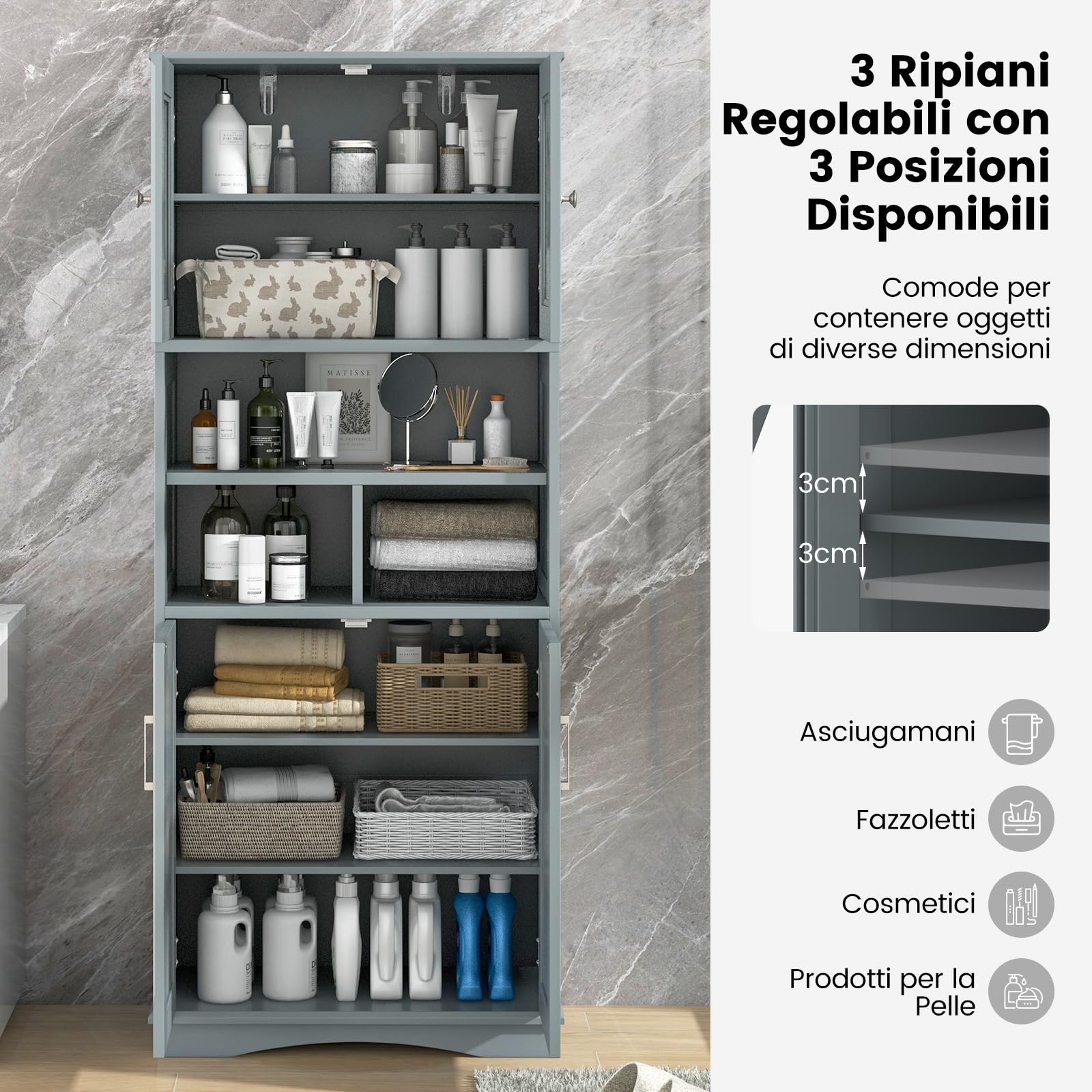 COSTWAY Mobile Bagno, Armadietto Salvaspazio con Porte in Acrilico, Ripiani Regolabili e Ampio Scomparto, Armadio da Terra in Legno per Soggiorno, Camera da Letto, Salotto e Cucina (Grigio)
