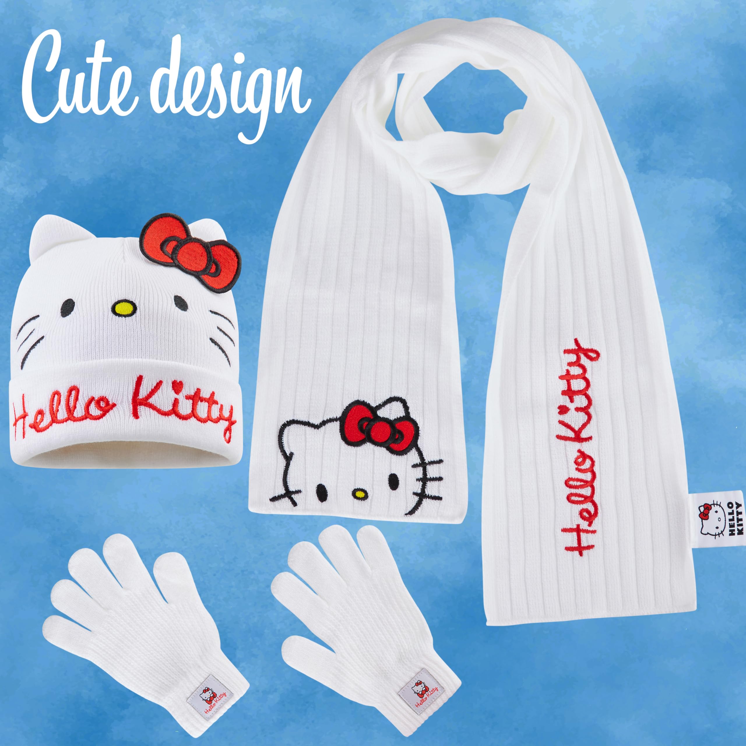 Hello Kitty Zimowy zestaw akcesoriów dla dziewcząt, nastolatków, przytulny 3-częściowy zestaw szalików i rękawiczek – prezenty dla dziewcząt, biały/różowy, Rozmiar uniwersalny
