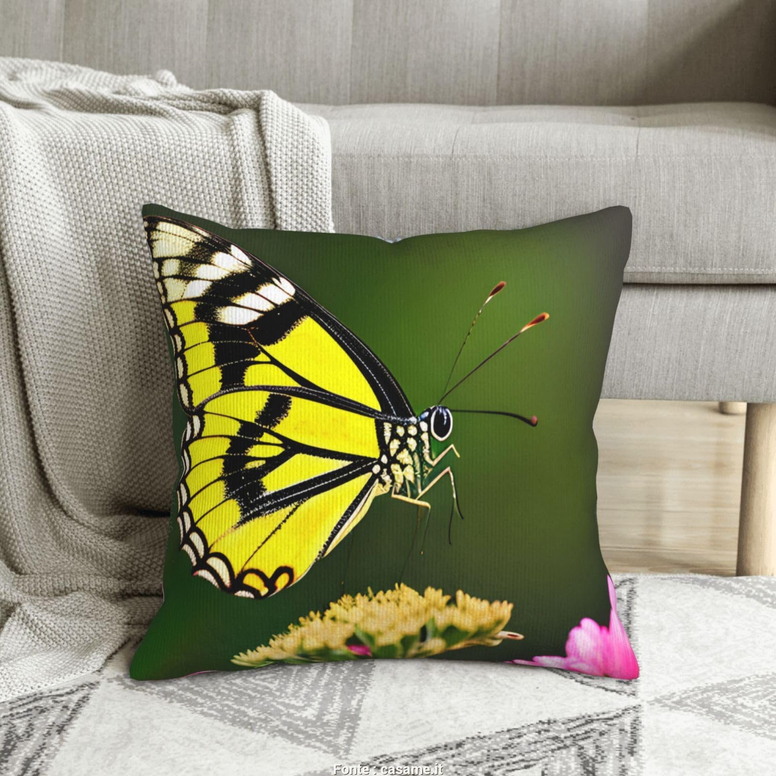Housse de coussin en velours côtelé 50x50 cm à motif papillon pour canapé