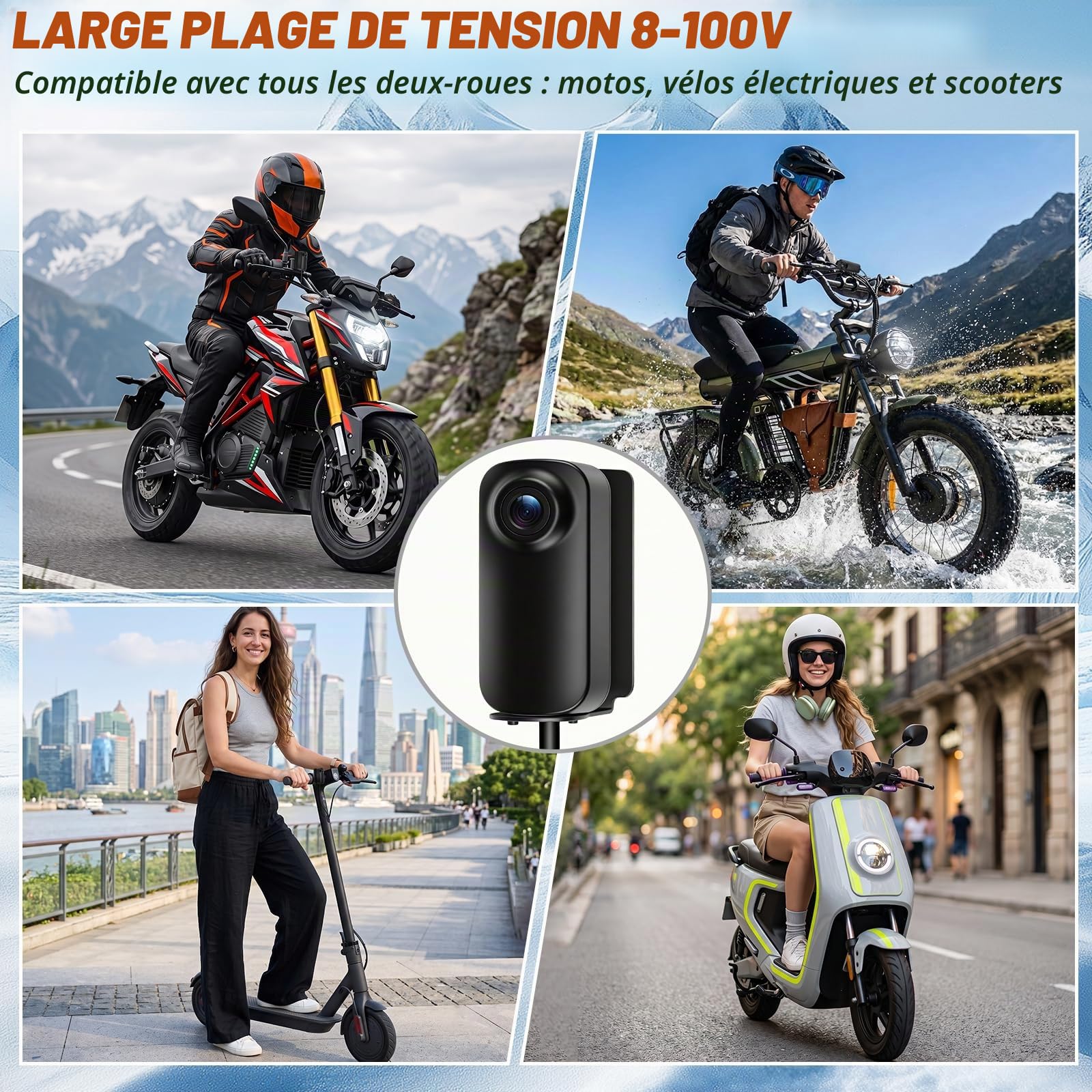 Caméra embarquée 1296P pour Moto, étanche IP67, avec Vision Nocturne et Grand Angle d'ouverture de 146°, caméra 8-100 V, Connexion d'alimentation Via Acc pour Moto/vélo électrique