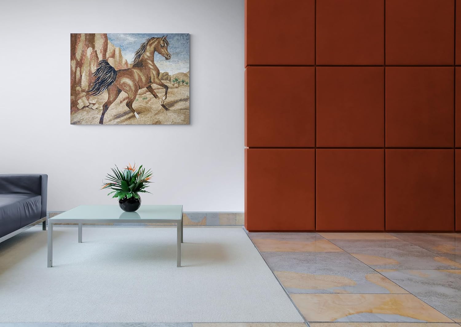 Healthy Horse Tile Mosaic Artwork | Stunning Mosaics Art | Mosaic Mural Art By Mosaics Lab | Handmade With Marble | This Masterpiece Is Great As Wall Art | Perfect For Any Office, Living Space.