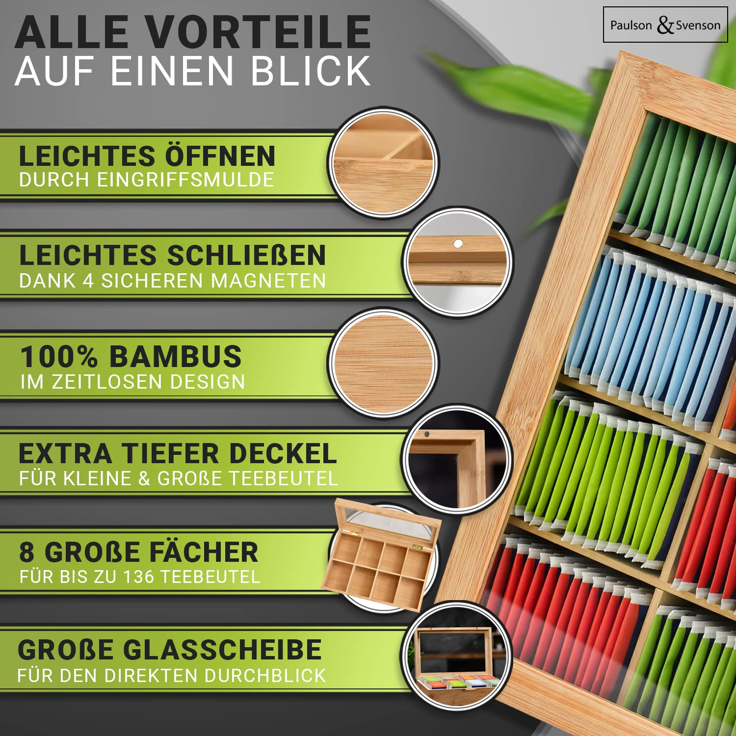 Paulson & Svenson - Boîte à thé durable avec 8 compartiments en bois - Rangement hermétique en bambou certifié - Organiseur de thé avec fermeture magnétique et couvercle en verre - Rangement des