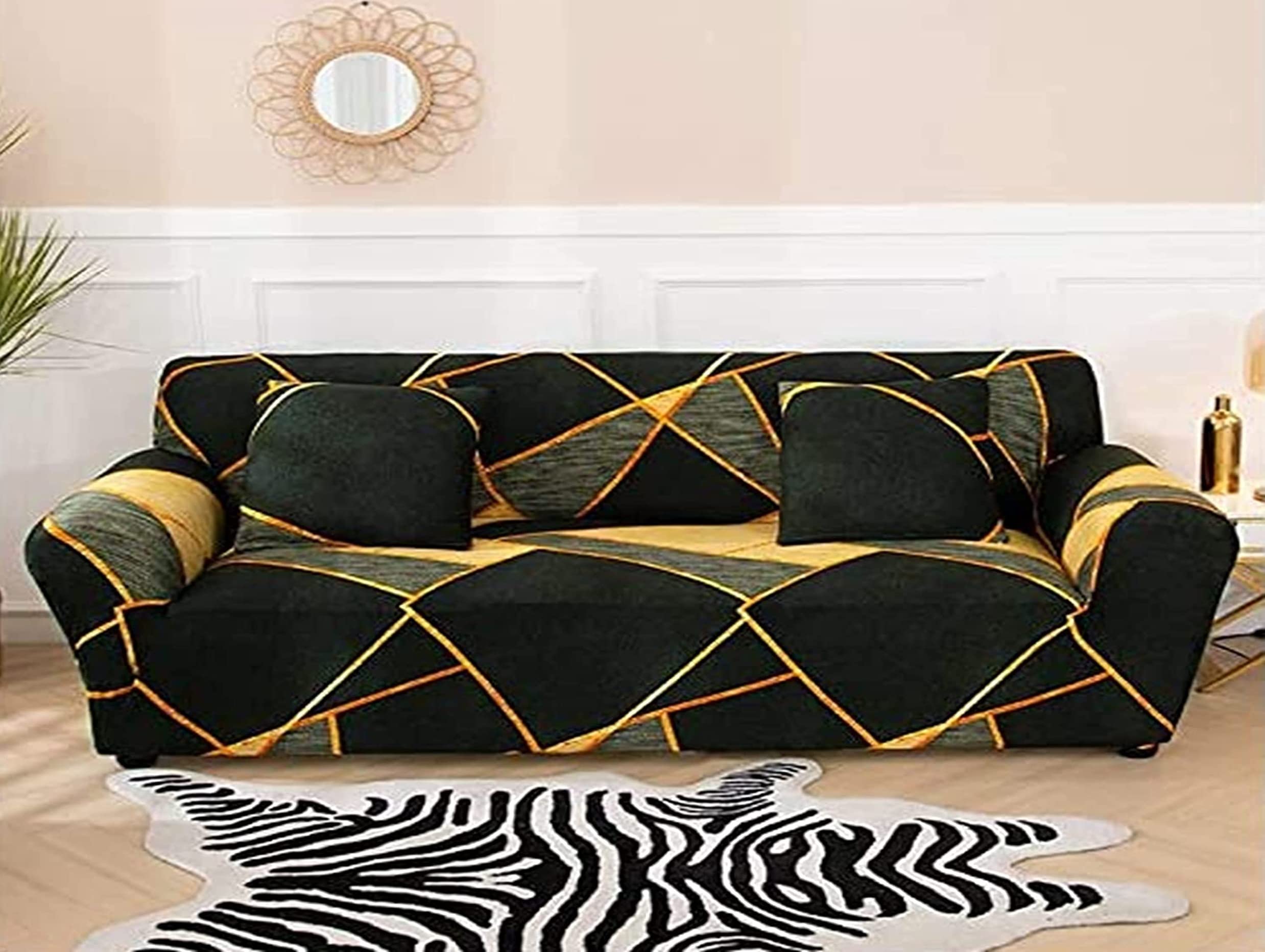 Lukzer 4 Seater Dark Green Prism Universal Sofa Cover | 360° Fully Covered Anti-Slip Washable Couch Cover Protecter | 140 GSM Stretch Fit Polyester + Spandex Slipcover (230-300cm/SC-035-04)