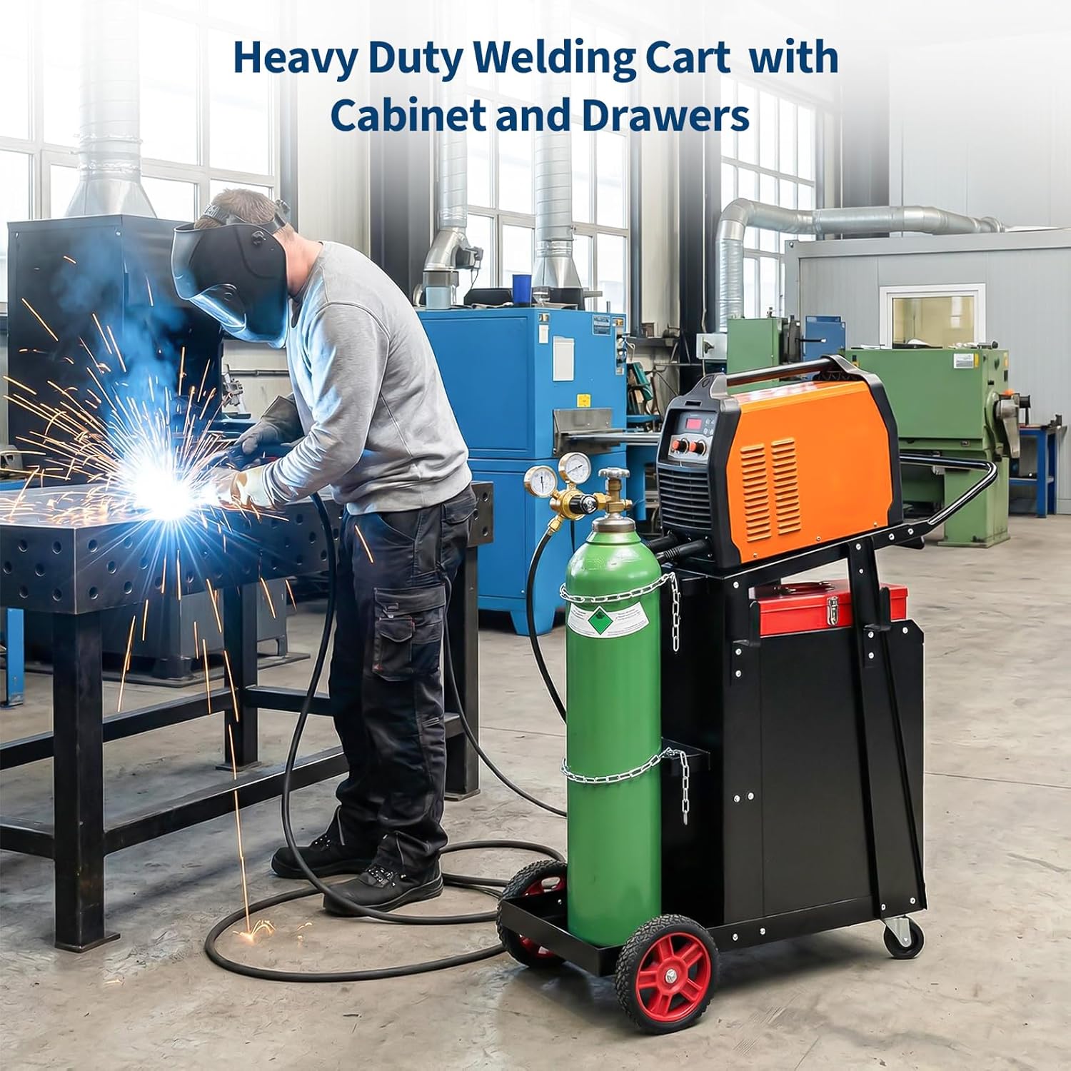 Welding Cart with Drawers and Cabinet,Heavy Duty Carbon Steel Welding Cart for Mig Welder Tig Welder and Plasma Cutter,Rolling Welder Cart with Handle and Gas Tank Holder,220 Lb Weight Capacity