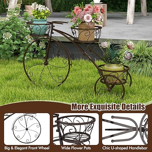 Miniatura 2 de Giantex Maceta de metal para bicicleta, soporte de 3 niveles para plantas de flores con 3 ruedas decorativas, soporte de exhibición de flores de