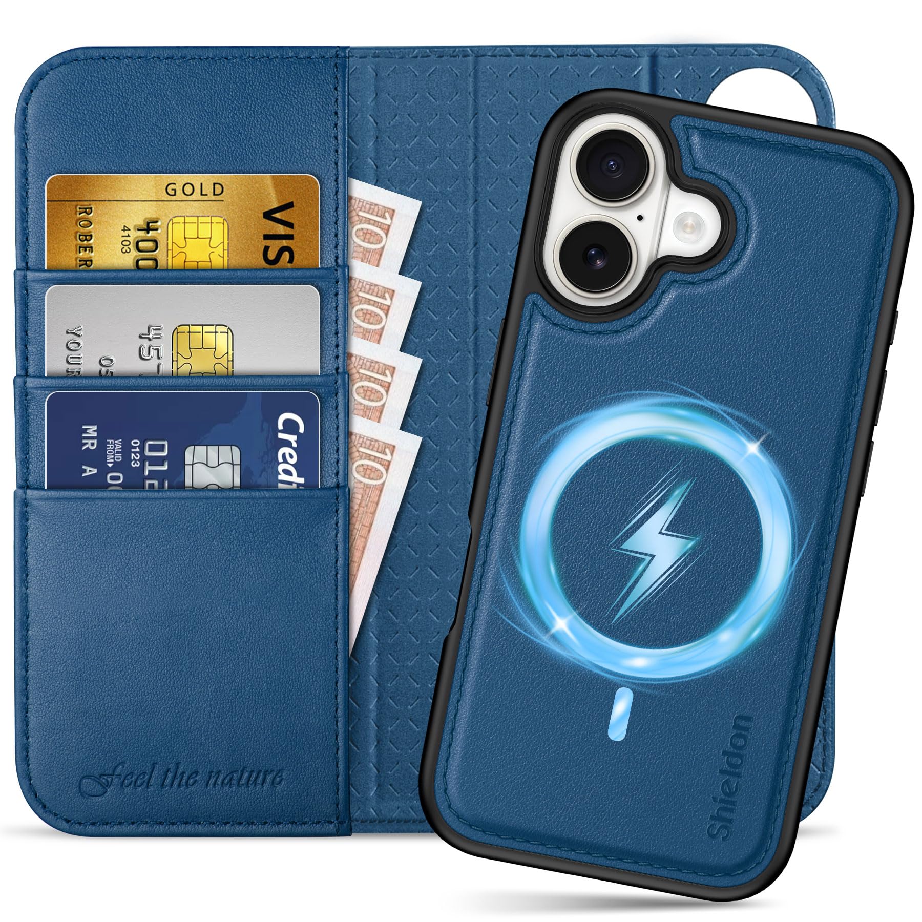 Coque portefeuille 2 en 1 iPhone 17 Shieldon cuir véritable bleu royal