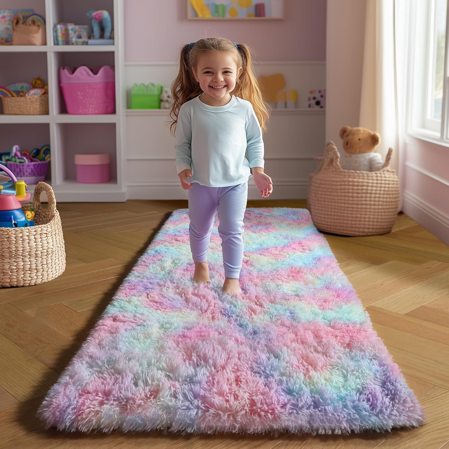 Amdrebio Rainbow 2x6 Runner Area Rugs for Girls Bedroom Kids Room Decor, Pastel Colorful Bedside Rug for Nursery, Cute Unicorn Shaggy Rug for Baby Princess, Kawaii Fluffy Plush Carpet for Playroom
