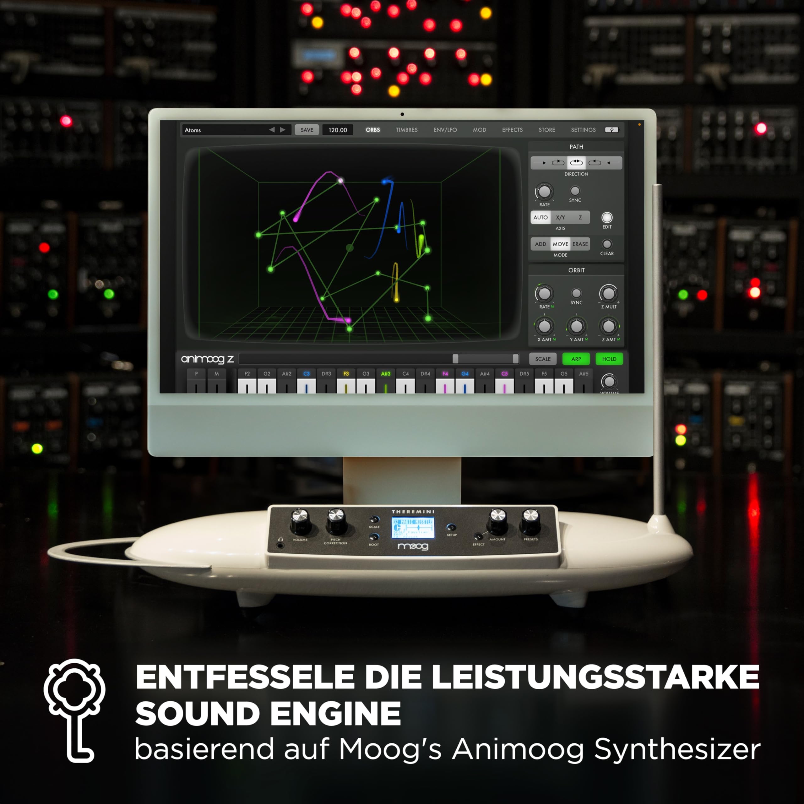 MOOG Theremini - Theremin Mit Pitchkorrektur, CV-Ausgang, Tuner und Lautsprecher, AniMOOG Synthesizer Sound Engine Mit 32 Presets und LCD-Anzeige