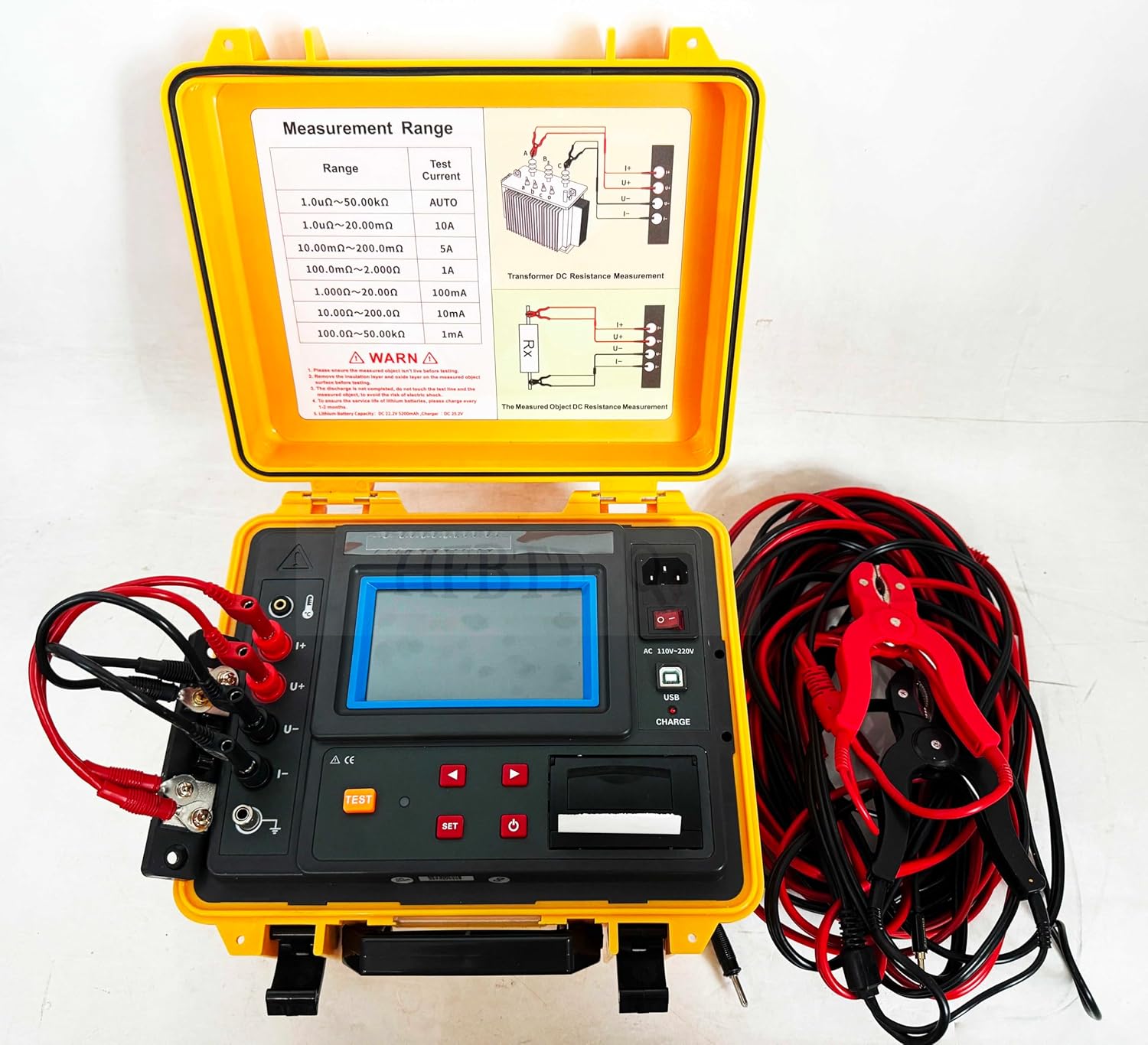Transformer DC Resistance Tester Meter for Various Transformer Windings with Built-in Printer Touch Screen Resistance 1.0uΩ~50.00kΩ Test Current Gear AUTO 10A 5A 1A 100mA 10mA 1mA Output Voltage 24V