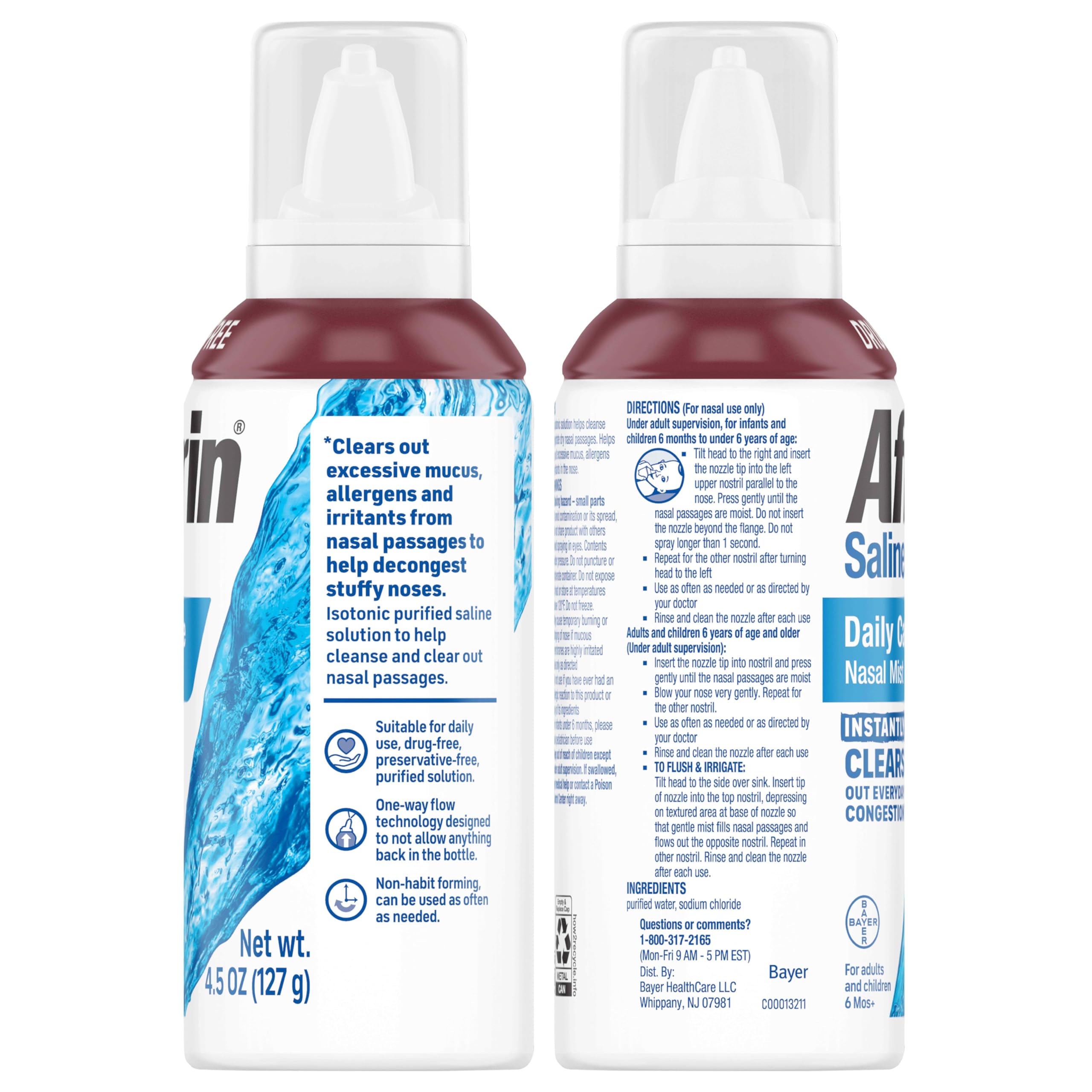 Afrin Saline Nasal Spray Twin Pack, 100% Drug Free, Saline Solution, Daily Care Nasal Spray for Everyday Congestion and Dry Nose, Easy Mist, 4.5 OZ (Pack of 2)