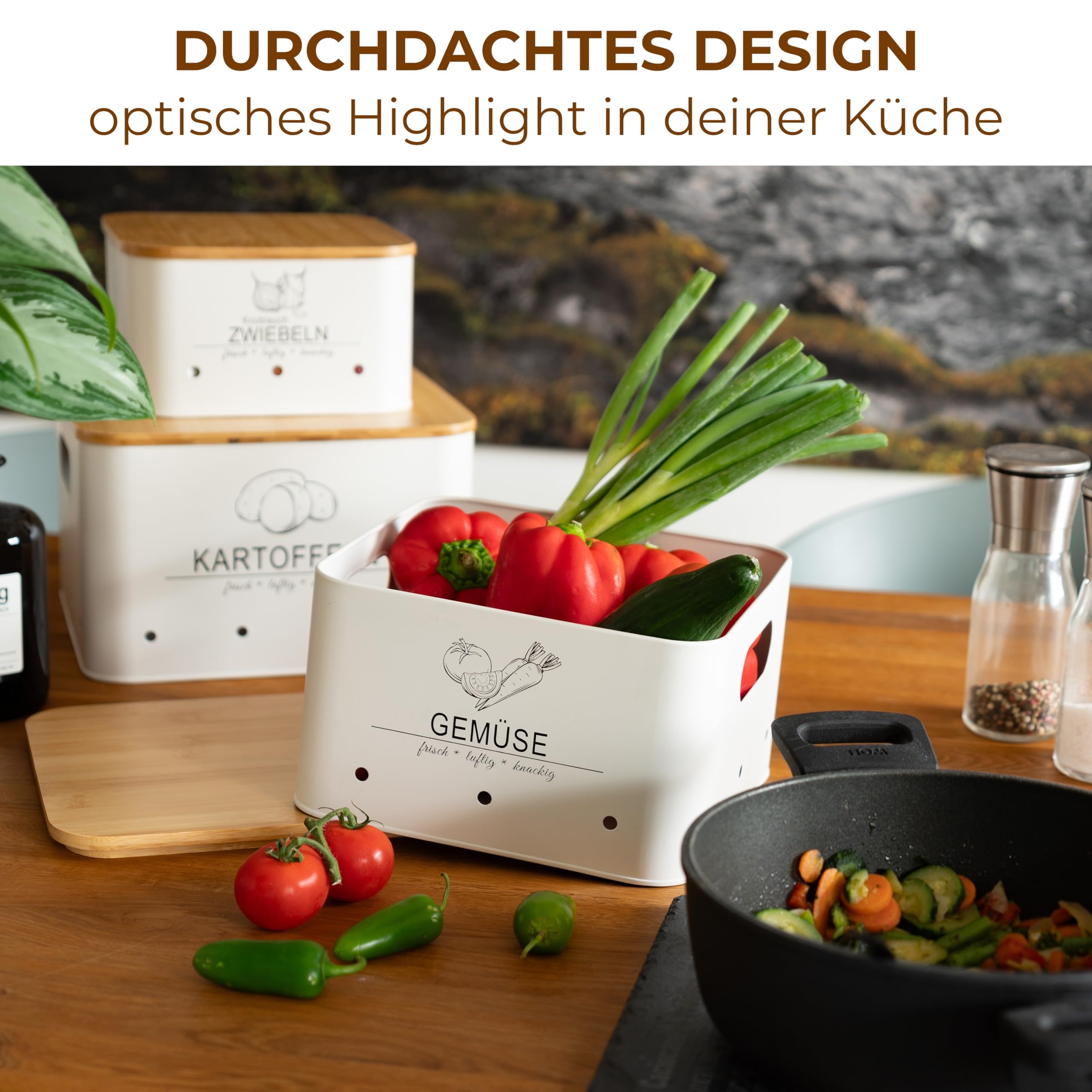 Kartoffel Aufbewahrungsbox Küche – 3er Set – Gemüse länger frisch – Vorratsbehälter für Kartoffel, Zwiebel & Gemüse – stapelbare Aufbewahrungsboxen mit Bambusdeckel – modern Weiß – MNKsolution