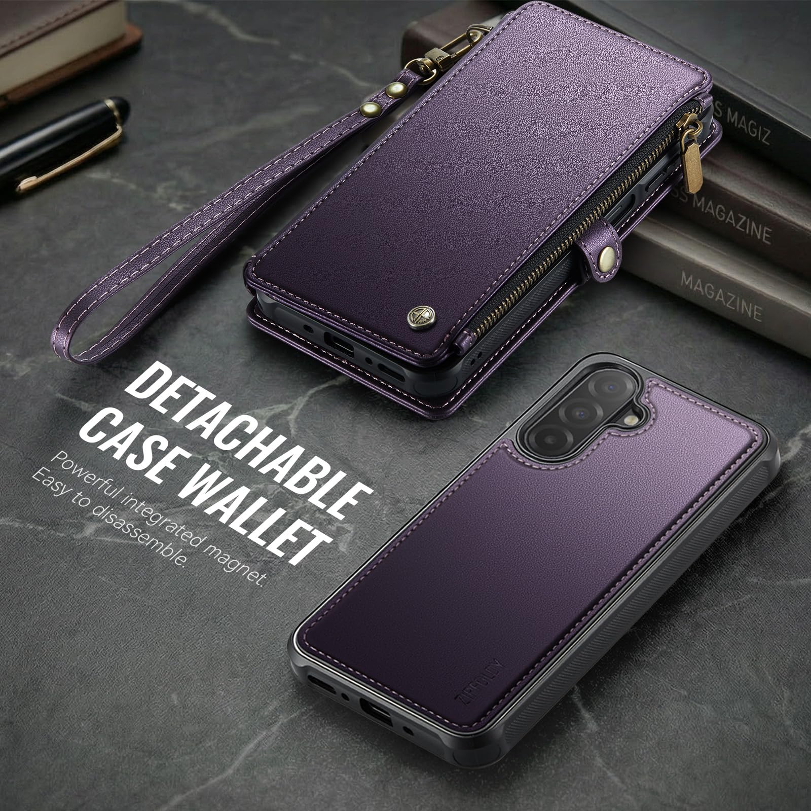 Funda magnética desmontable para Galaxy A17 5G, color morado | Tarjetero con bloqueo RFID, bolsillo con cremallera, ranura para efectivo, pulsera, para mujeres y hombres
