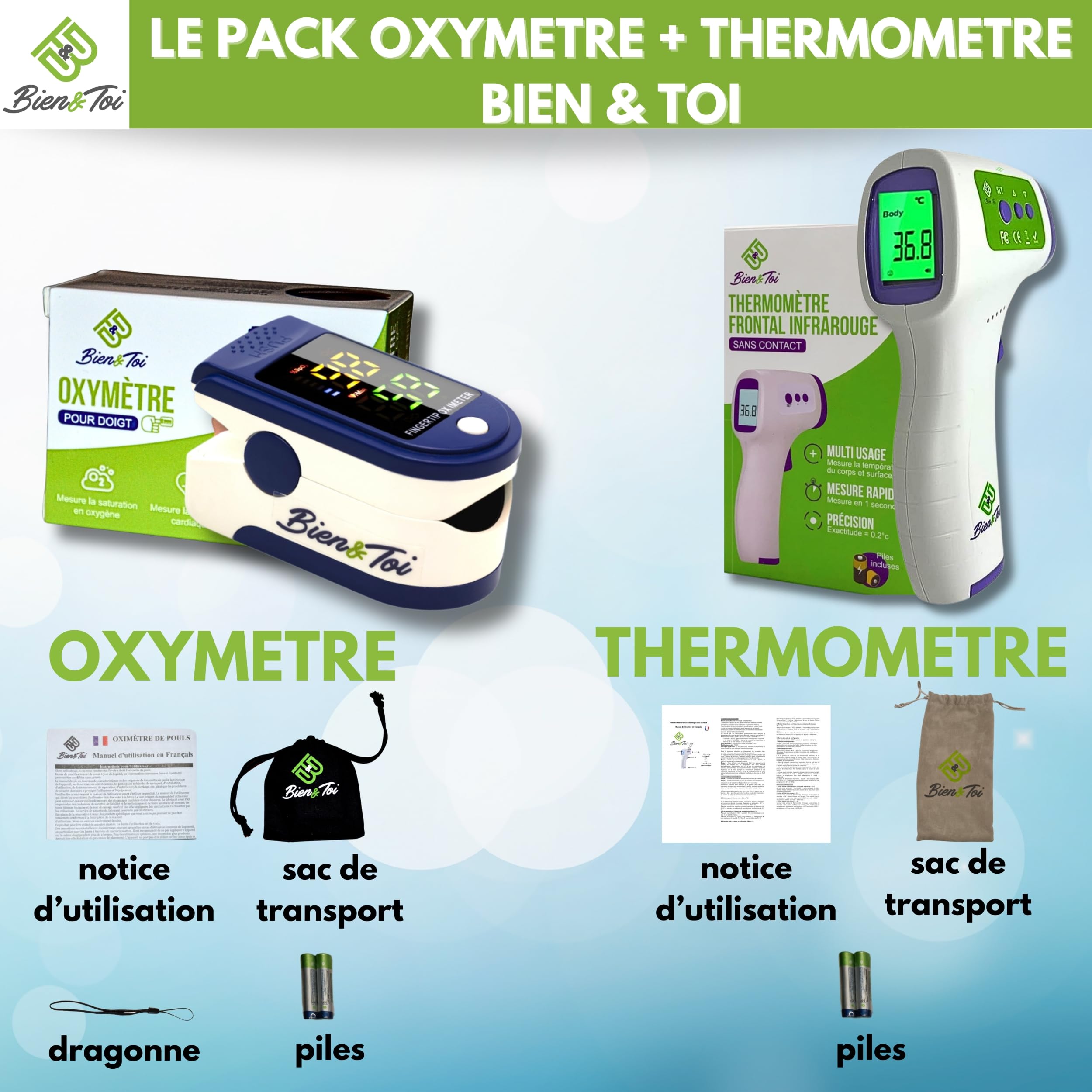 Oxymètre de doigt professionnel + thermomètre frontal adulte/bebe/enfant, sans contact, mesure corps et surface, écran à LED, sac de transport/piles incluses/notice en Français