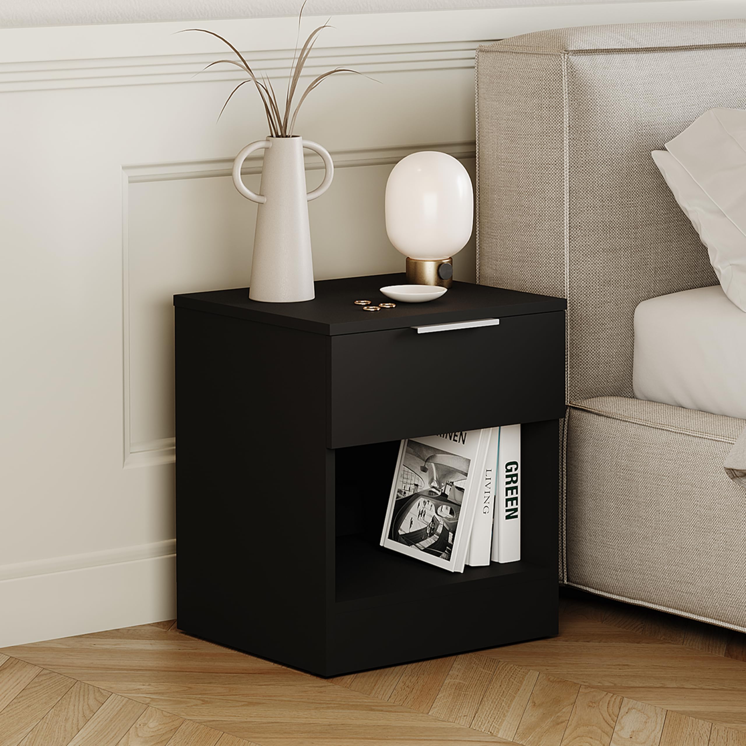 Vida Designs Trega 1 Drawer Bedside Cabinet Black - Compact Space-Saving Nightstand - 41H x 39W x 28D cm - Engineered Wood - Smooth Glide Drawer, Modern Silver Handle - Ideal for Bedroom & Guest Room — image 1