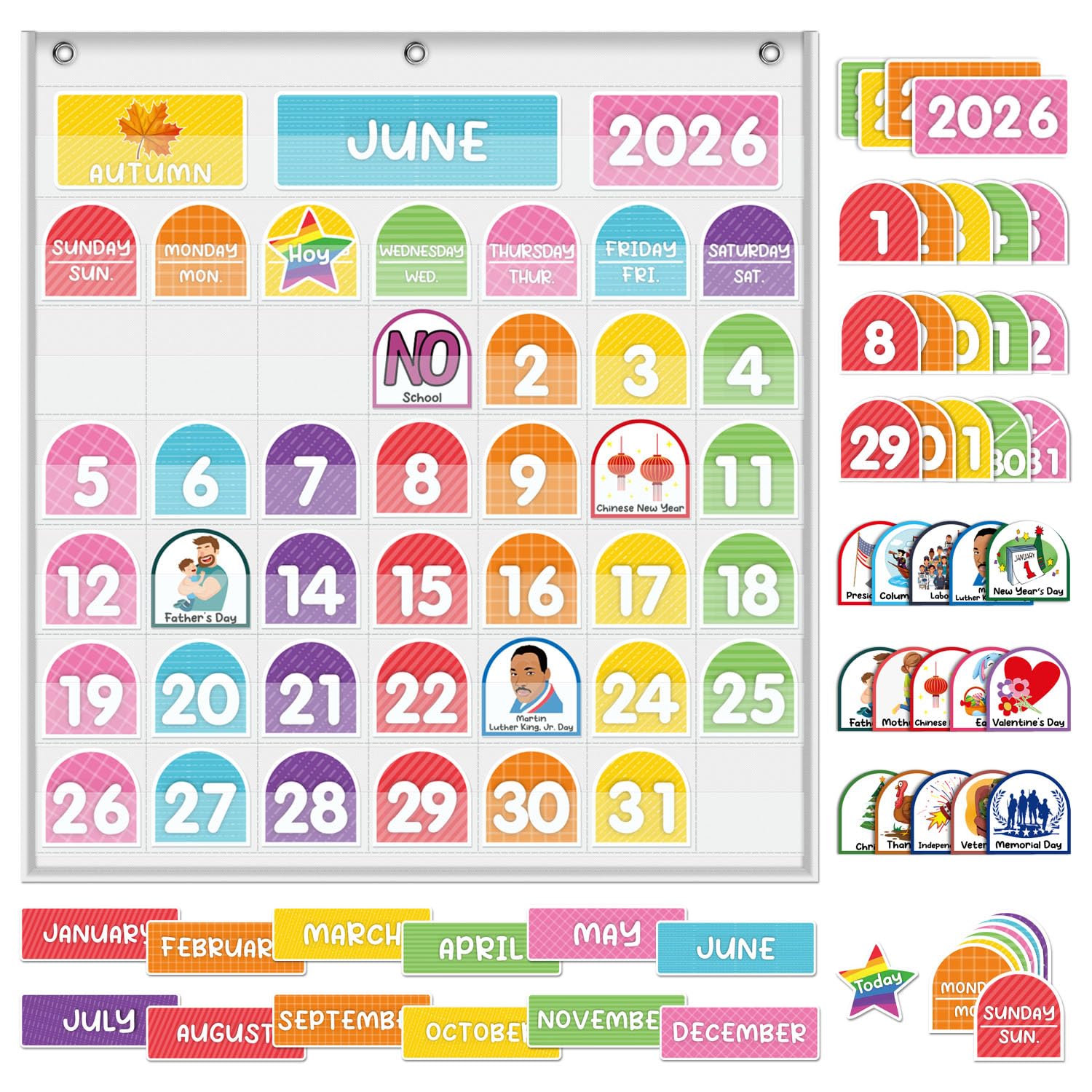Calendario de aula, calendario de bolsillo, calendario para niños, calendario montado en la pared, calendario con 96 tarjetas coloridas, para el hogar o jardín de infantes y calendario de aula