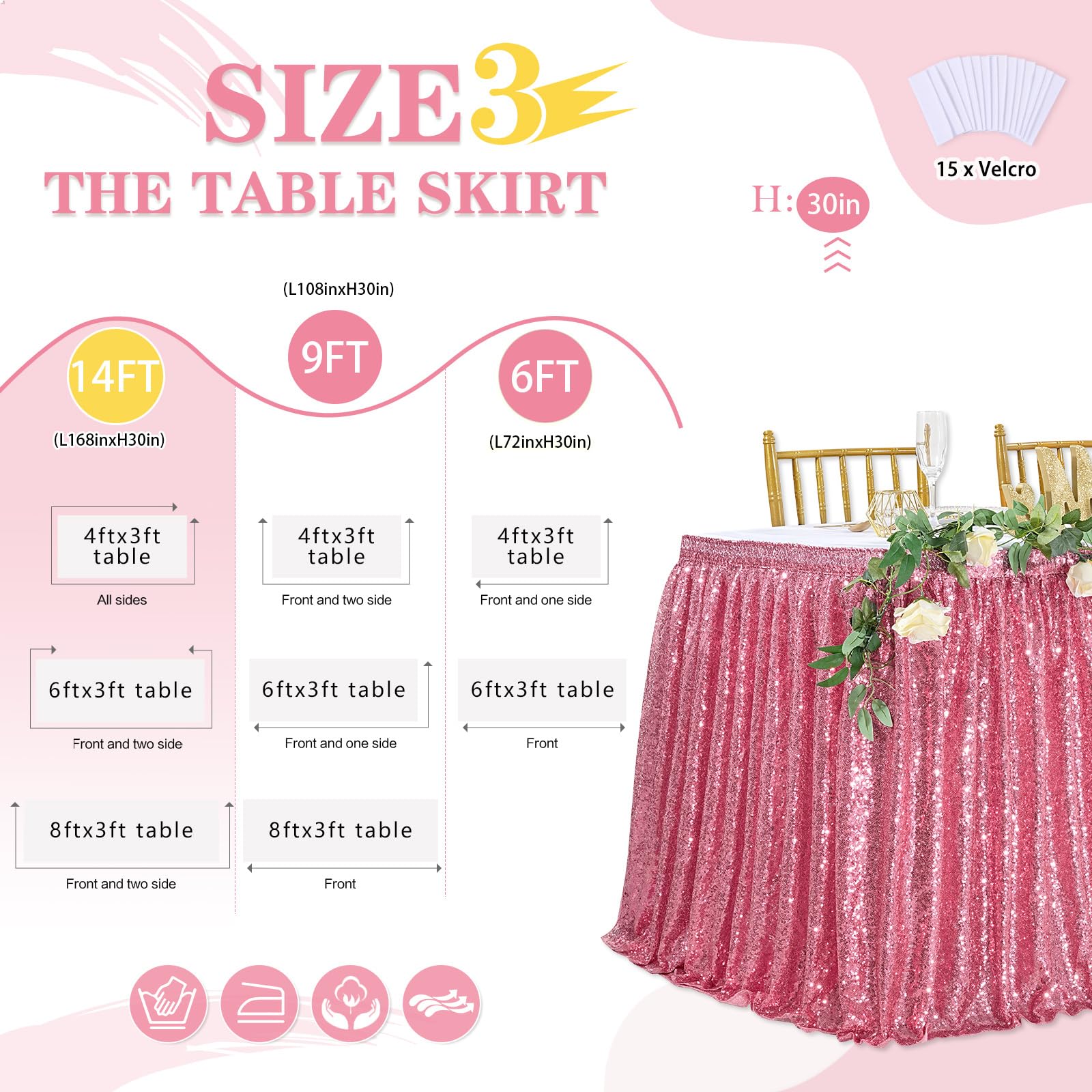 Luminous Sequin Table Skirt, Pink/Blue, 6-ft, For Birthday Party/Baby