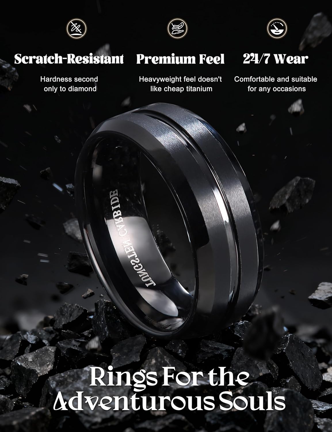 Jstyle Tungsten Wedding Rings for Men Black/Silver/Gold Mens Wedding Band 8MM Mens Engagement Rings Groove Beveled Edges High Polish/Matte Finish Men's Promise Ring Comfort Fit Size 7-14 - Image 3