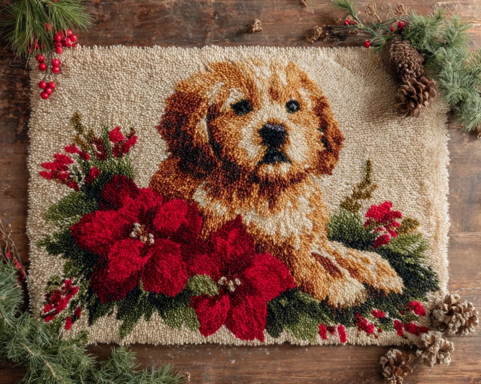 Wallphantom DIY Latch Hook Rug Kit,Christmas Flowers and Puppies,Latch Hook Kits for Adults,Home Carpet Rug Making,Needlework Crafts Rug for Home Decor,60x90cm