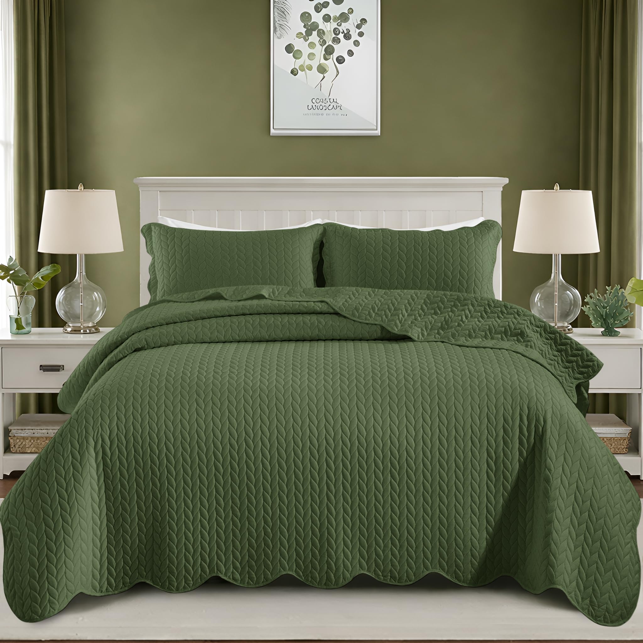King Quilt Set Bedspread Coverlet Bedding Leaf Olive Green 106"x96"