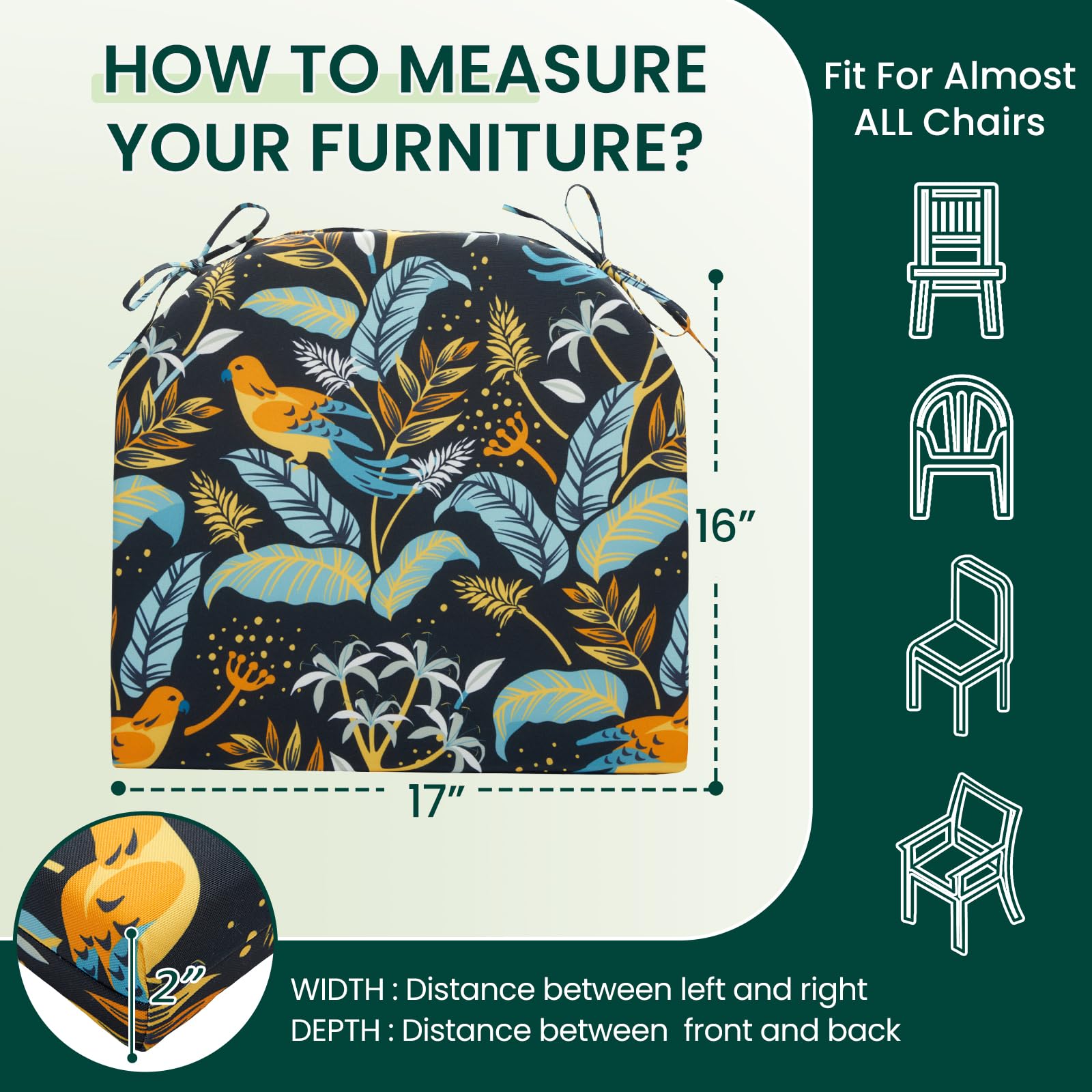 HARBOREST Outdoor Chair Cushions Set of 3 Round Corner Waterproof Outdoor Cushions for Patio Furniture - Patio Furniture Cushions with Ties, 17"x16"x2", Philomel