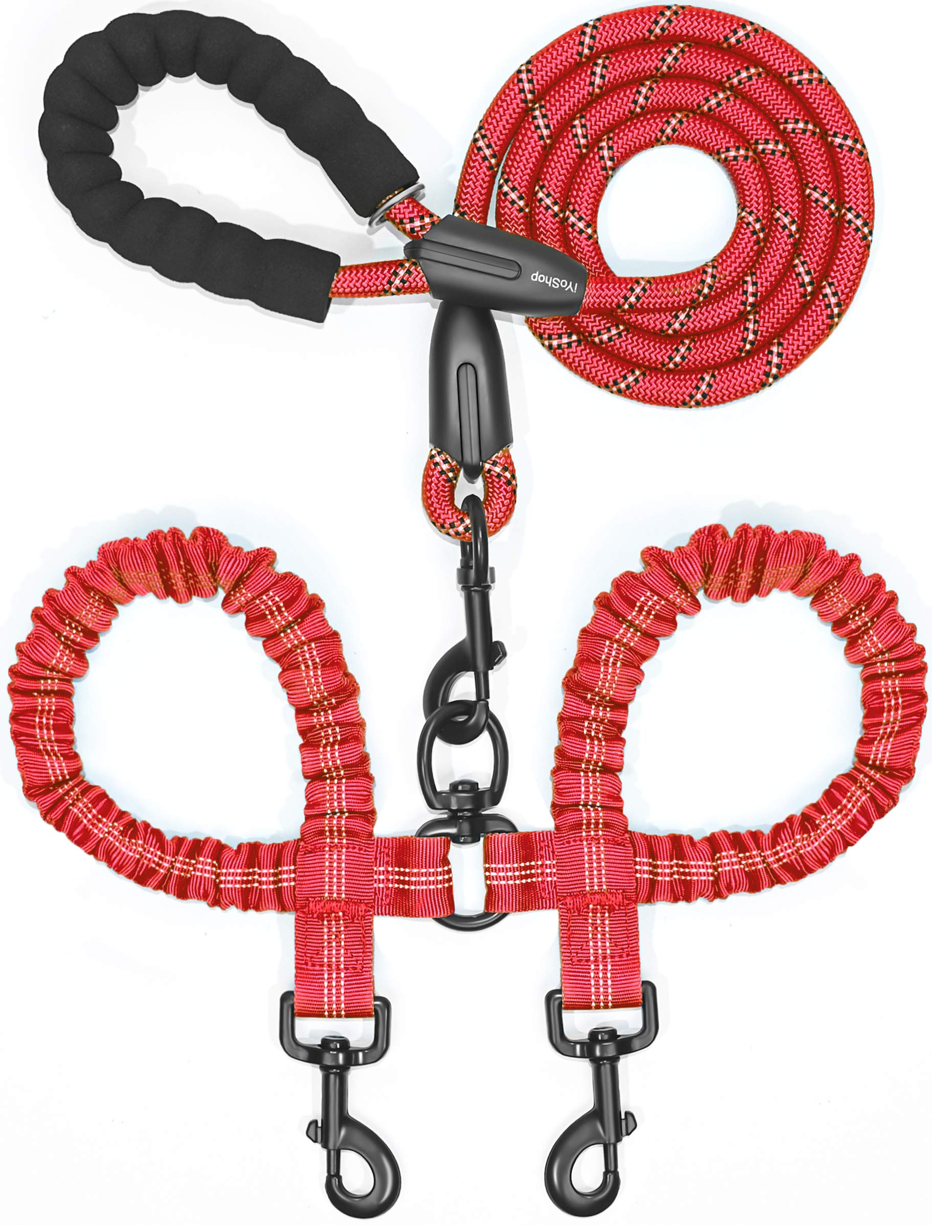 iYoShop Double Dog Leash, 360° Swivel, No Tangle, Large, 25-150 lbs, Red