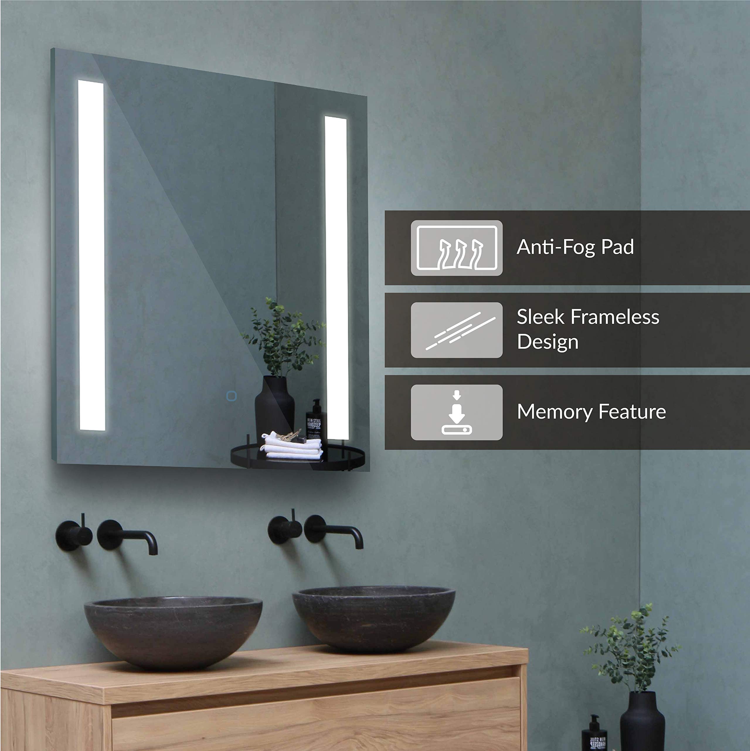 Homewerks Specchio LED 61x76 Cm – Senza Cornice, Dimmerabile, 5000K, Antiappannamento