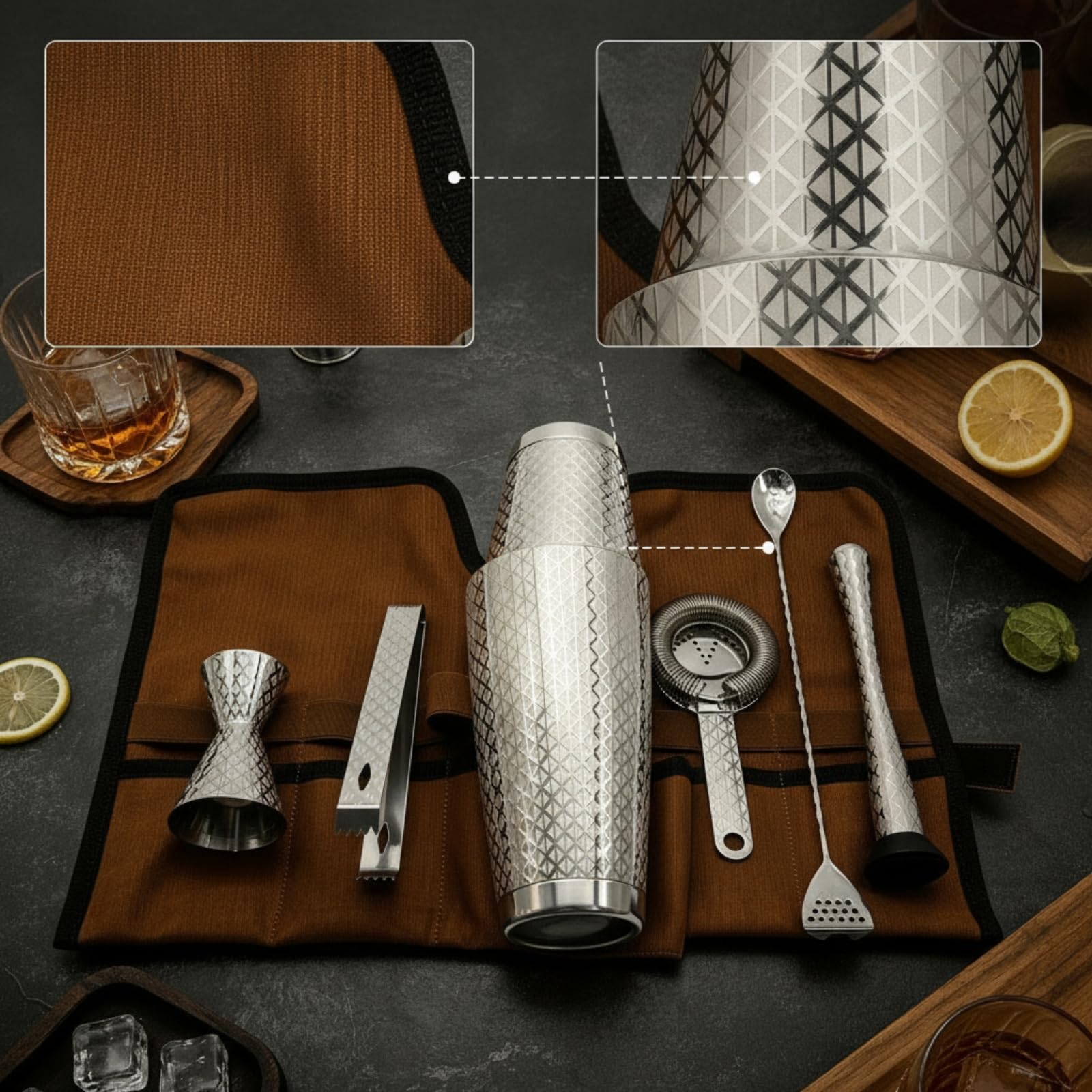 7 Pezzi Kit da Bar con Borsa Professionale Kit da Cocktail con Borsa Completo Shaker Accessori per Barman, Casa, Set Da 7 Pezzi Boston Con Motivo A Rombi Inciso, Senza Base