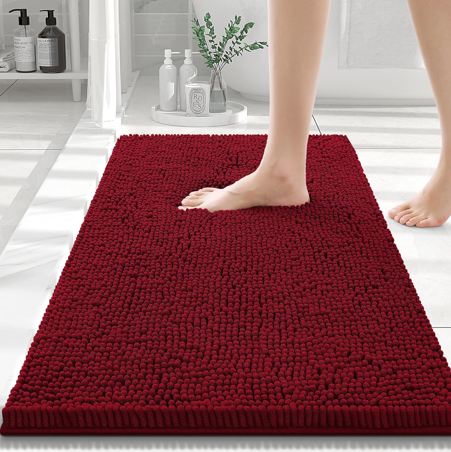 Homaxy Alfombrilla de baño antideslizante de chenilla, alfombra de baño de microfibra, alfombra de baño absorbente, de pelo alto, 40 x 60 cm, color rojo vino