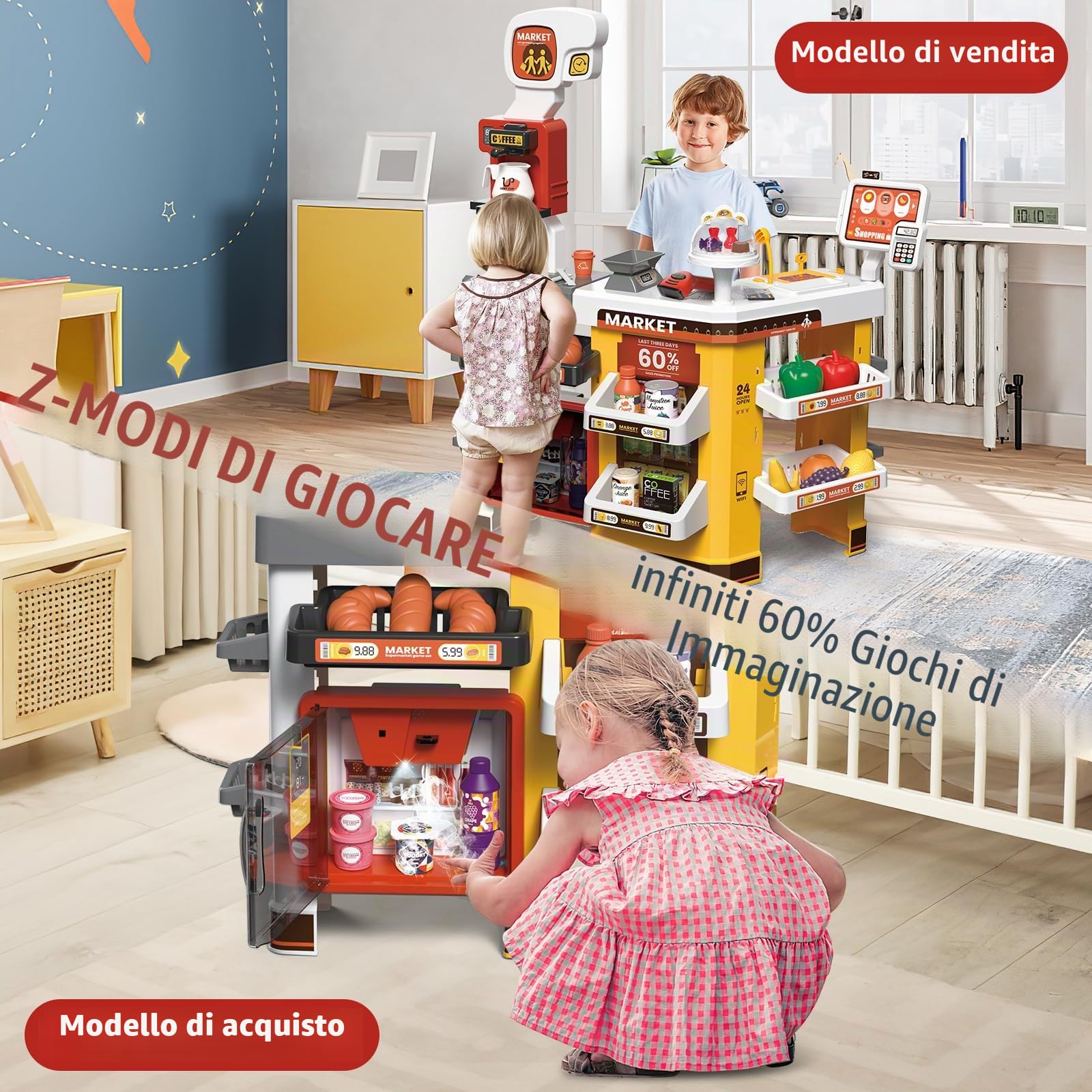 deAO Supermercato Giocattolo con Carrello, Cassa con Scanner e Suono, 65 pz | Registratore Di Cassa, Registratore Di Cassa Con Scanner E Suono, Negozio Giocattolo Per Bambini Da 3 Anni, Compleanno