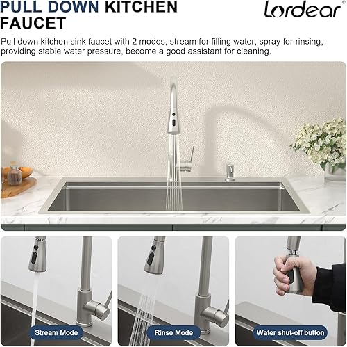 Miniatura 5 de Lordear Fregadero de cocina de 33 x 22 pulgadas con grifo  Fregadero de cocina 33 con grifo, estación de trabajo combinada de acero inoxidable